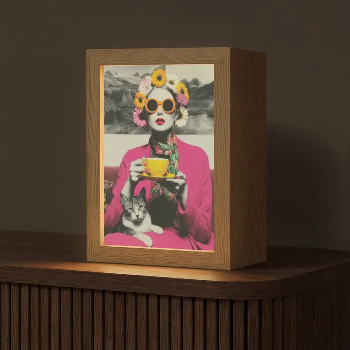 Vrouw - Kat - Bloemen - Kopje - Retro Light Box met kabel (Tafellamp) klein -z3d_website