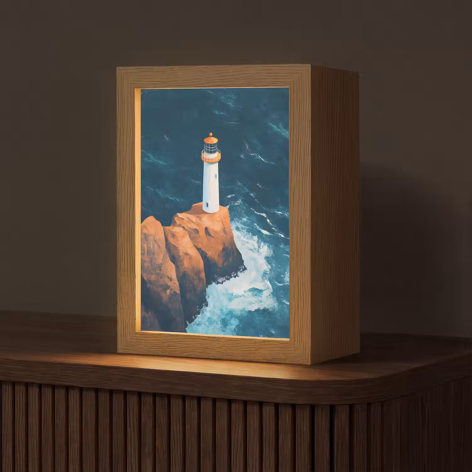 Vuurtoren - Rots - Zee - Golven Light Box met kabel (Tafellamp) klein -z3d_website