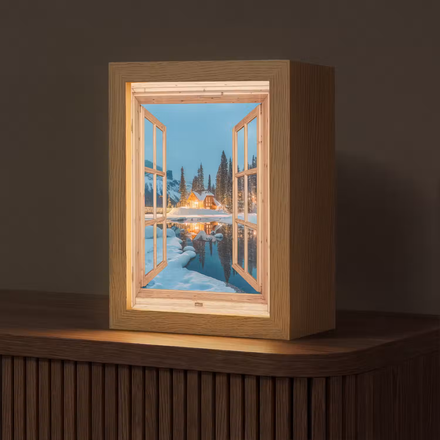 Winterlandschap - Natuur - Huis - Bergen - Doorkijk - Raam Light Box met kabel (Tafellamp) klein -z3d_website