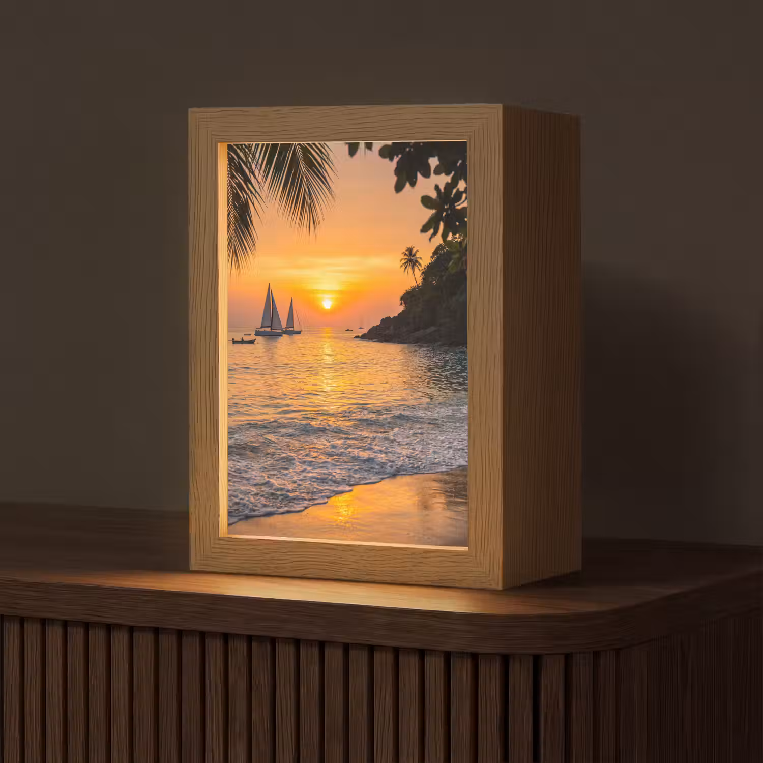 Zee - Zonsondergang - Boot - Natuur - Oranje Light Box met kabel (Tafellamp) klein -z3d_website