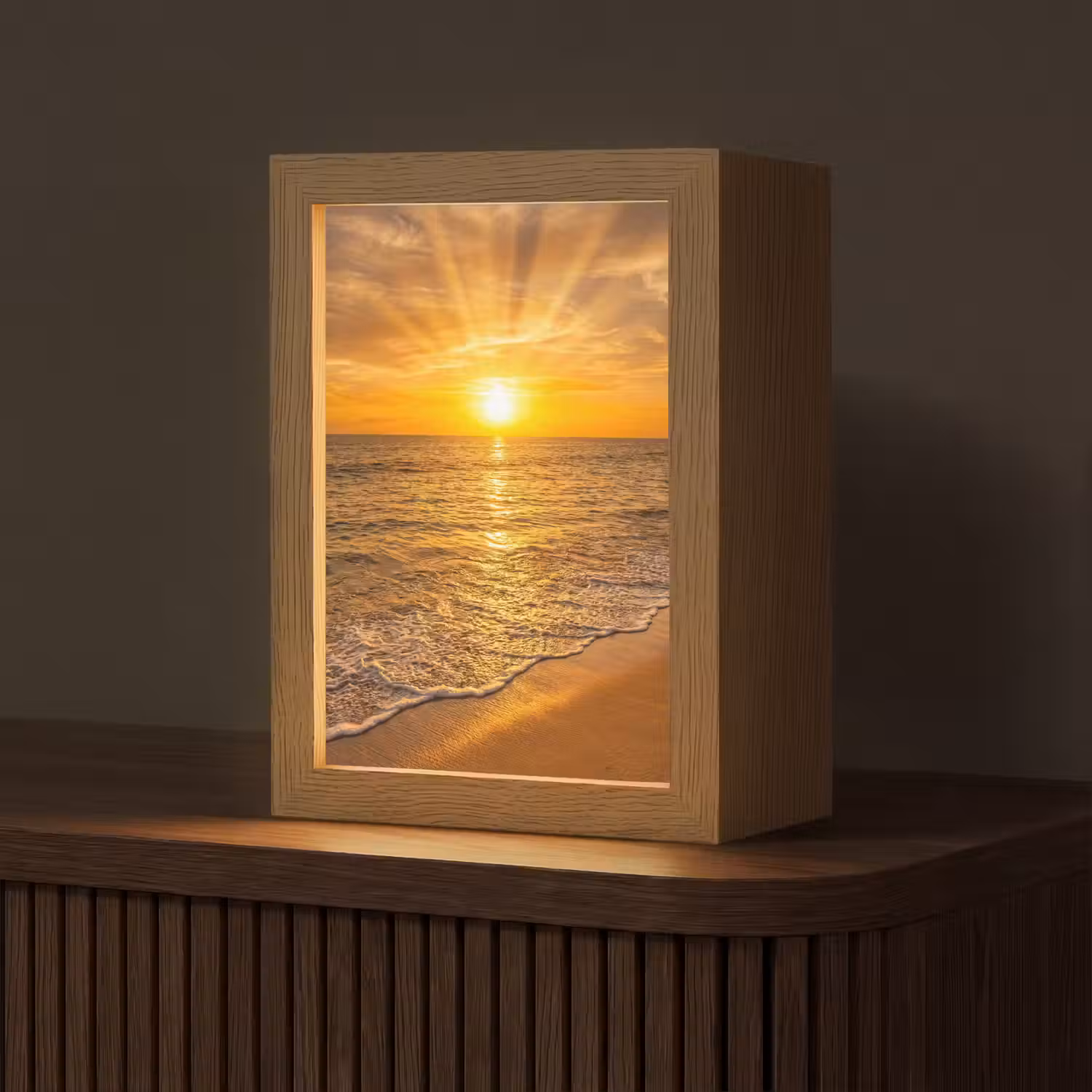 Zee - Zonsondergang - Golven - Kust - Oranje Light Box met kabel (Tafellamp) klein -z3d_website