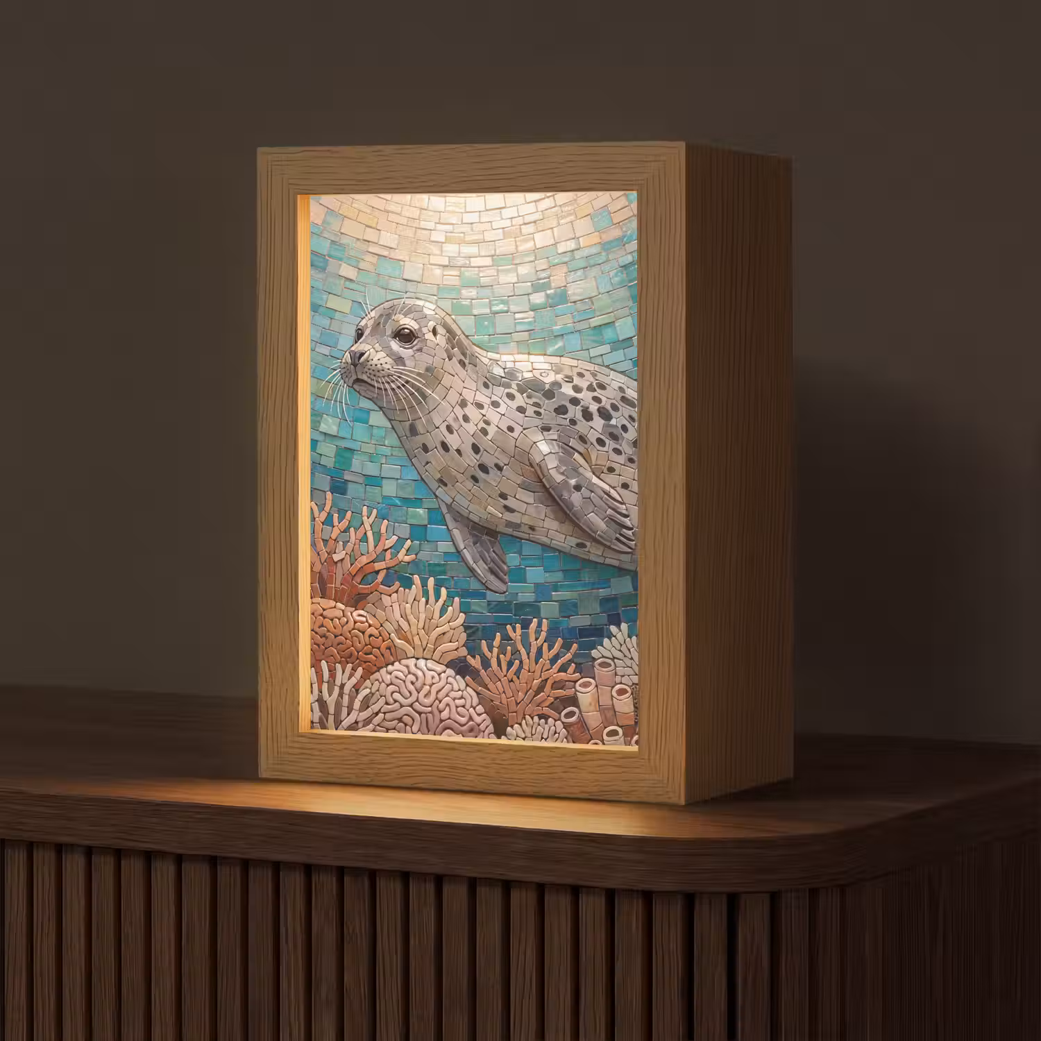 Zeehond - Mozaïek - Onderwater - Dieren - Blauw Light Box met kabel (Tafellamp) klein -z3d_website