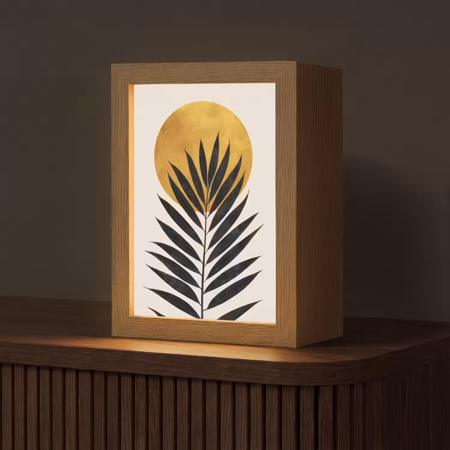 Zwart palmblad - Gouden cirkel - Beige achtergrond Light Box met kabel (Tafellamp) klein -z3d_website