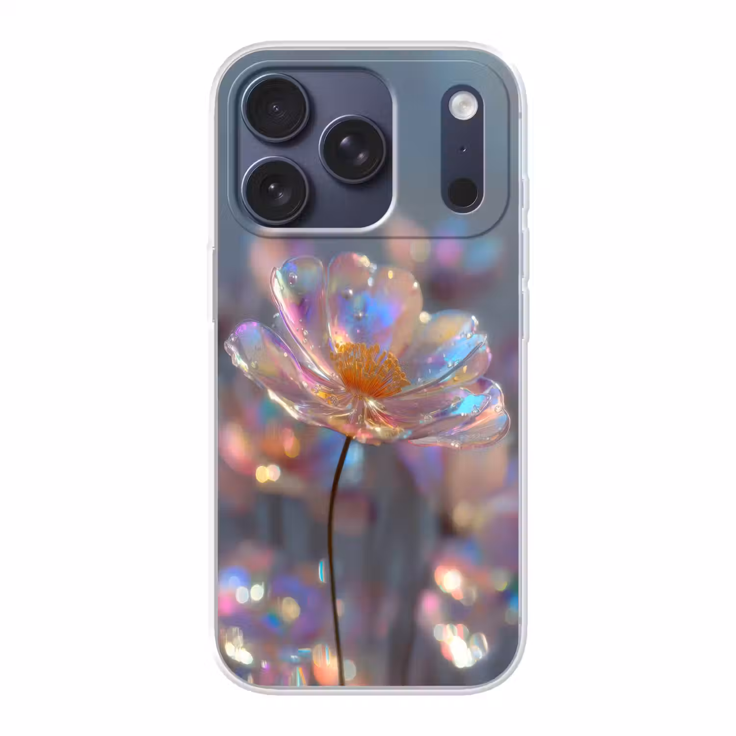Bloem - Transparant - Pastelkleuren - Druppels Telefoonhoesje iPhone 17 Pro klein -3d