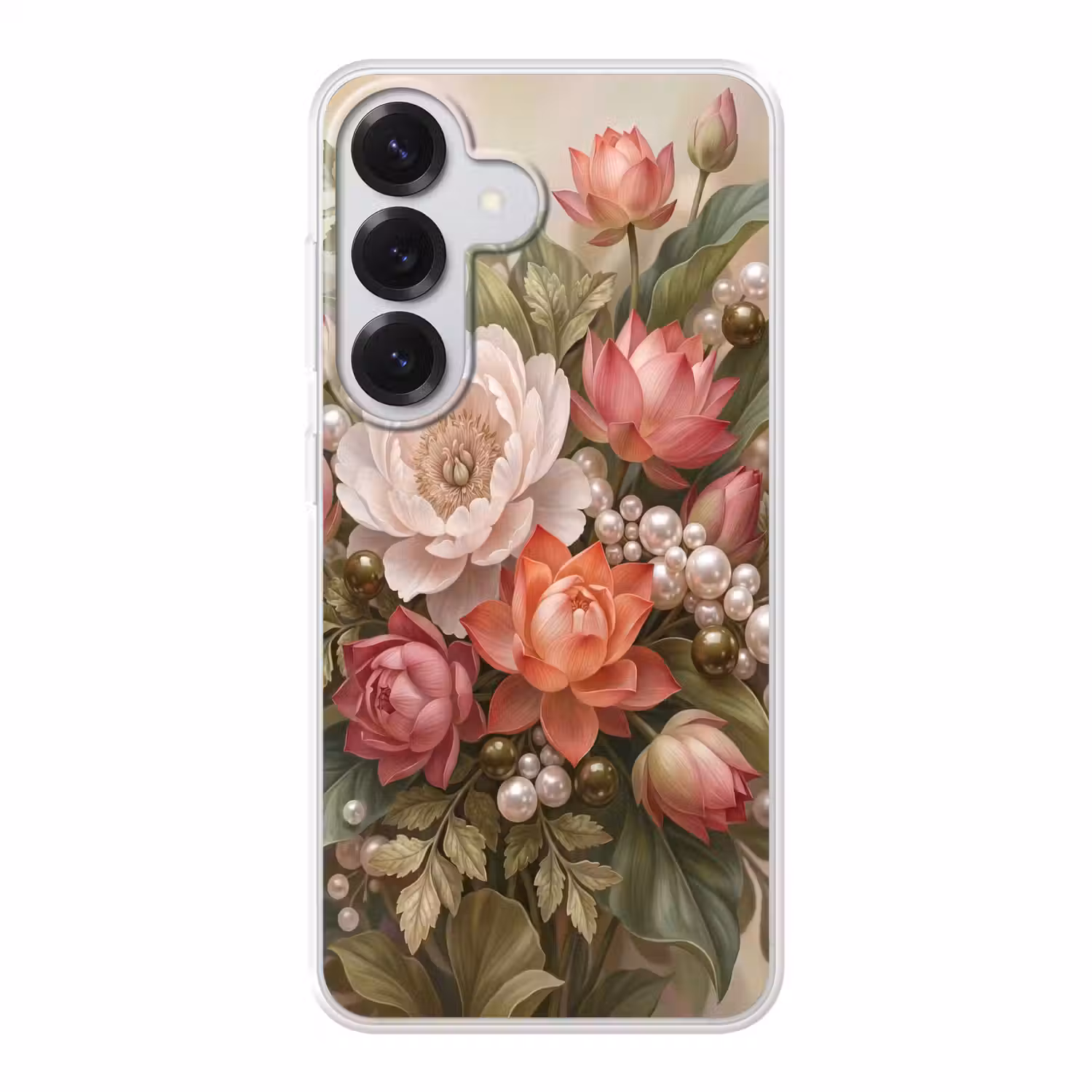 Bloemen - Parels - Elegant - Roze - Wit Telefoonhoesje Samsung Galaxy S26 klein -3d