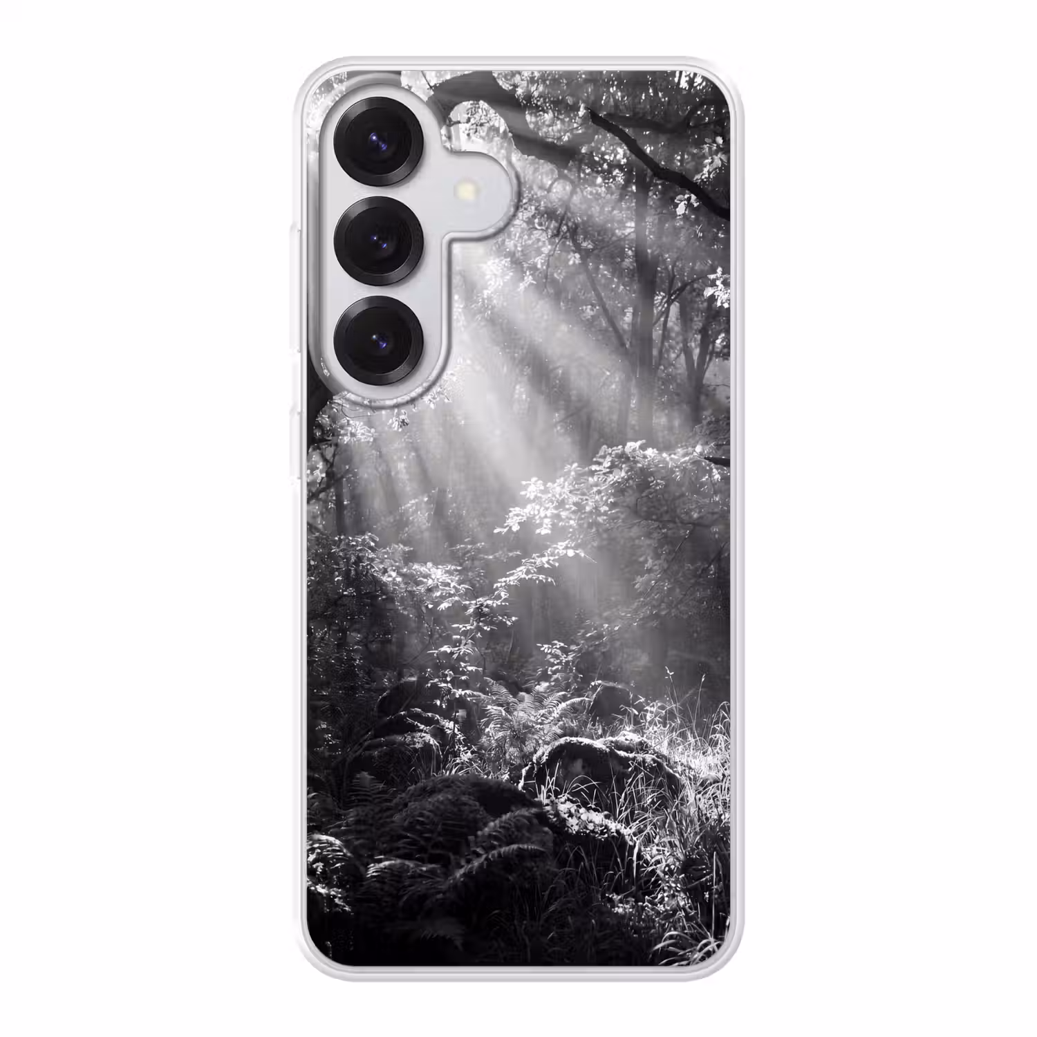 Bos - Lichtstralen - Natuur - Zwart-wit Telefoonhoesje Samsung Galaxy S26 klein -3d