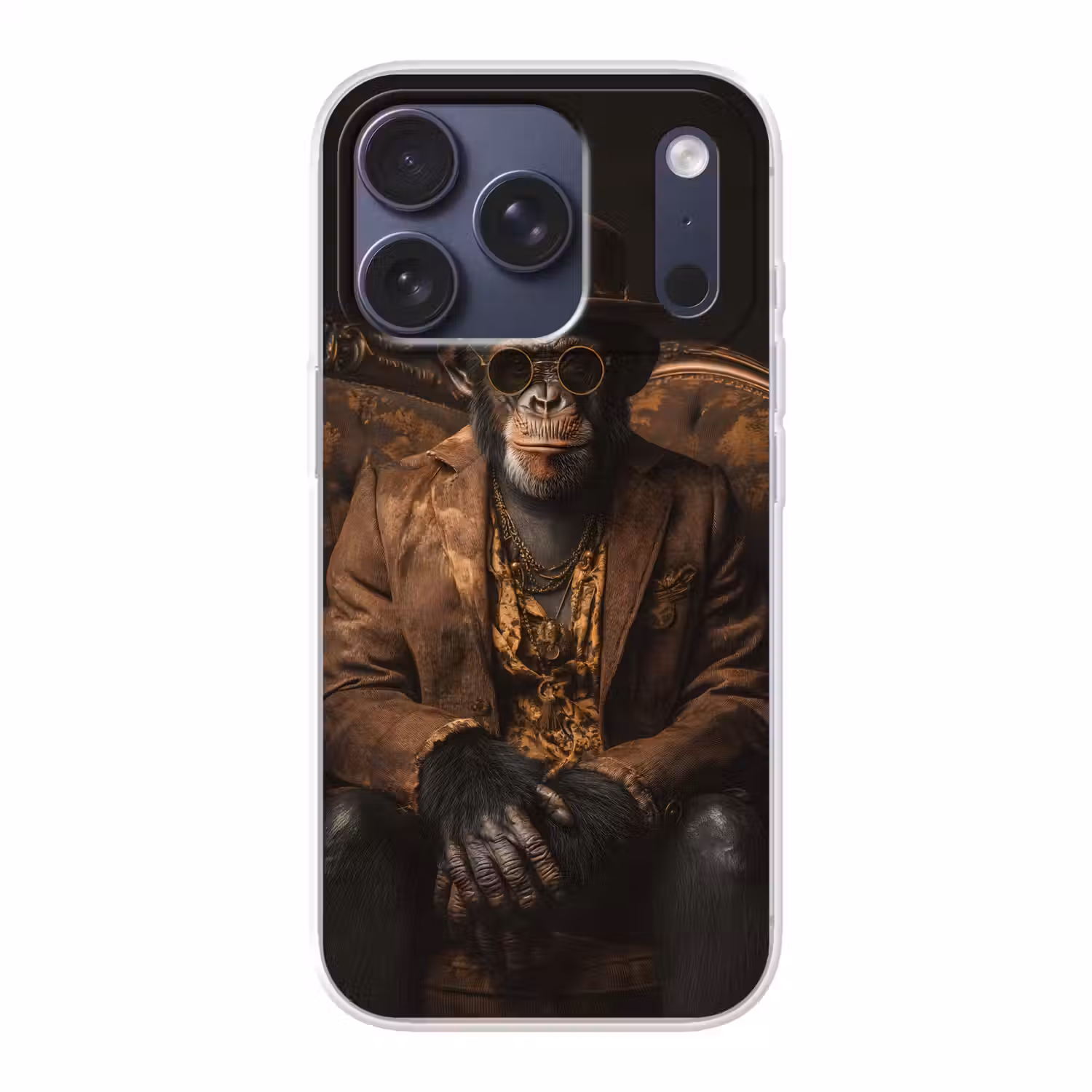Chimpansee - Stoel - Pak - Bruin Telefoonhoesje iPhone 17 Pro klein -3d