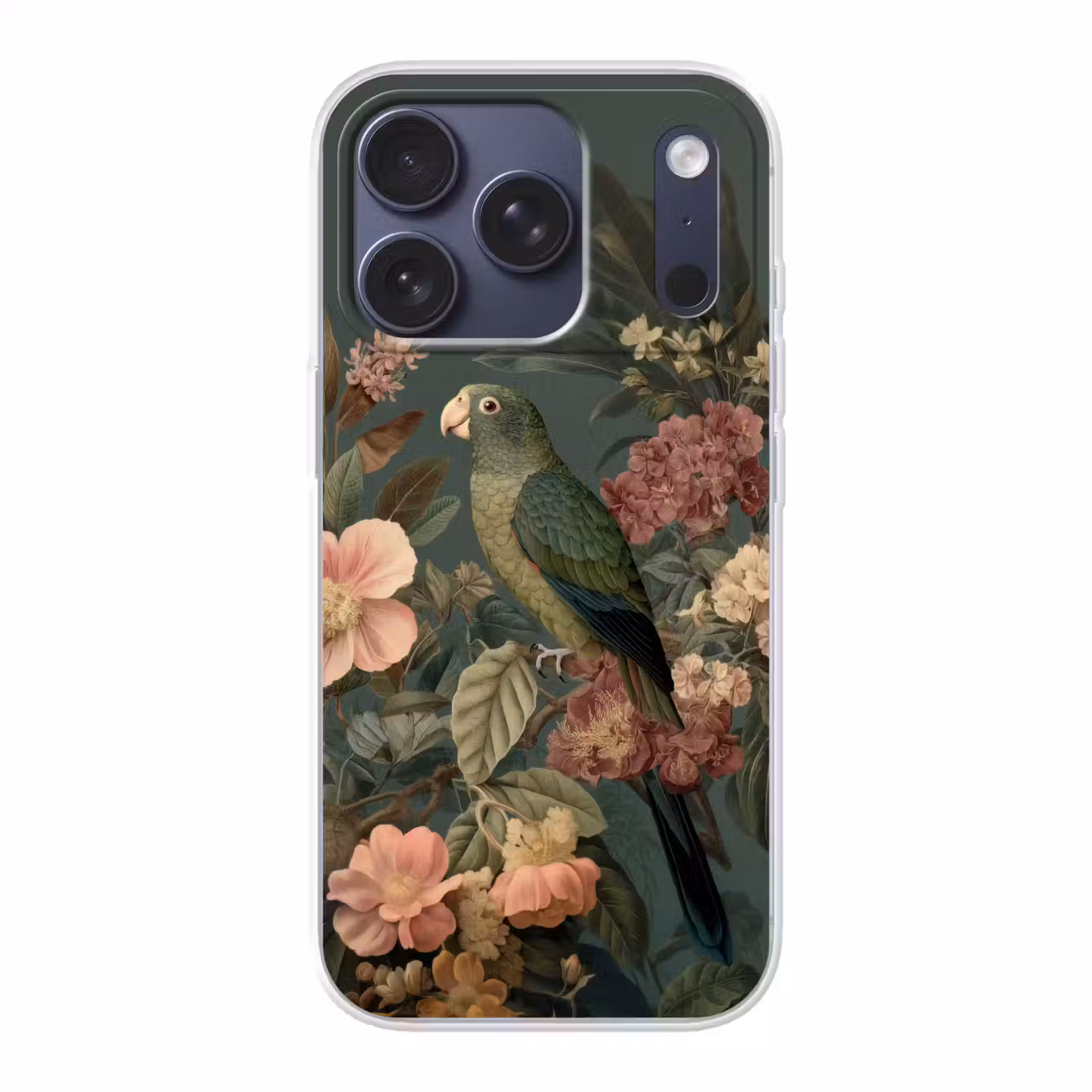 Groene papegaai - Kleurrijke bloemen - Donkere achtergrond Telefoonhoesje iPhone 17 Pro klein -3d