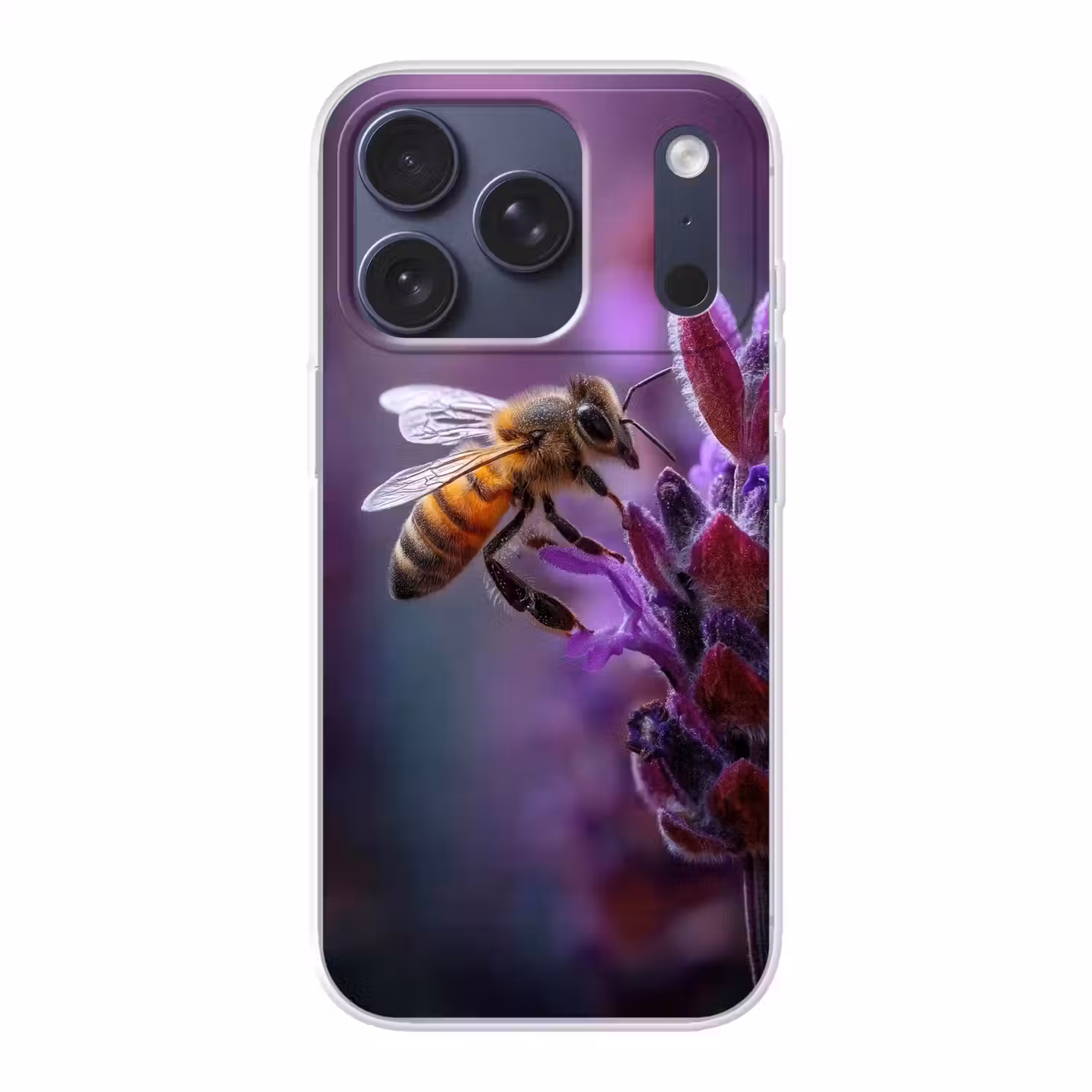Honingbij - Paarse bloemen - Details Telefoonhoesje iPhone 17 Pro klein -3d
