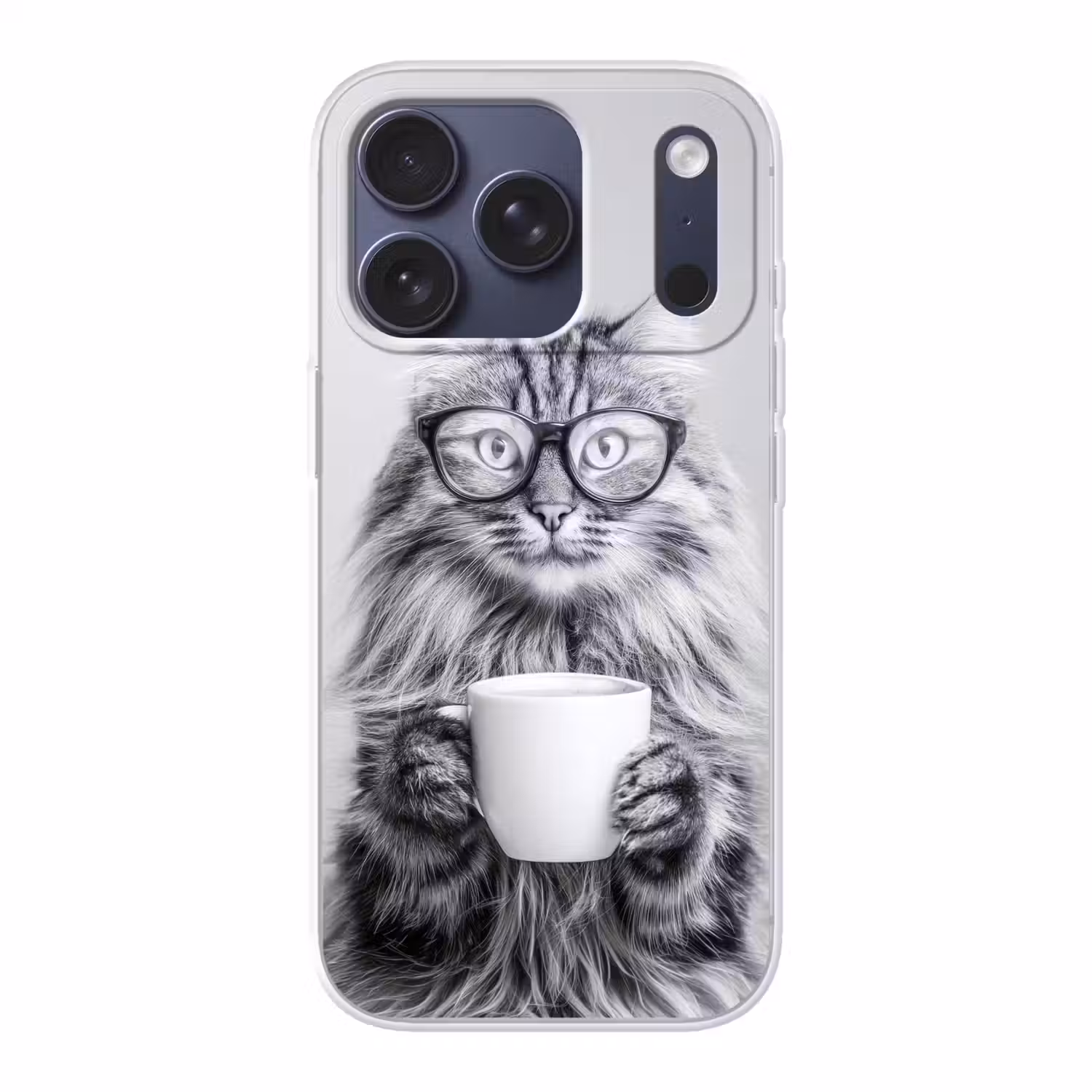 Kat - Bril - Mok - Pluizig Telefoonhoesje iPhone 17 Pro klein -3d