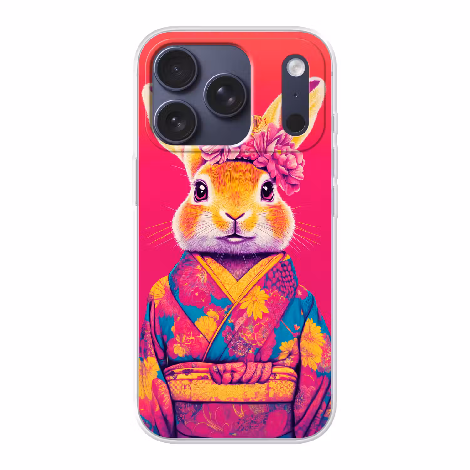 Konijn - Bloemen - Kleurrijk - Kimono Telefoonhoesje iPhone 17 Pro klein -3d