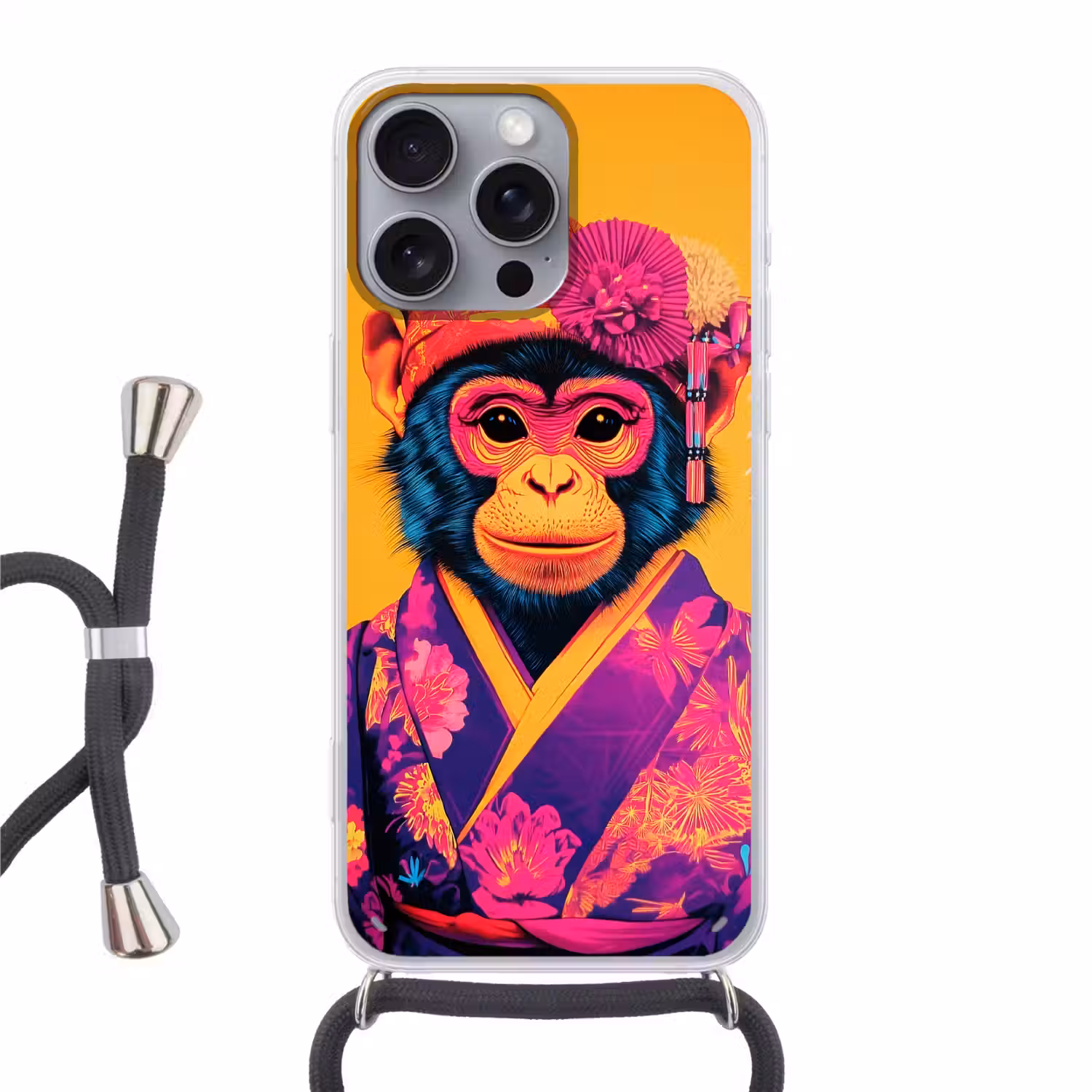 Aap - Kimono - Bloemen - Hoofdtooi Hoesje iPhone 16 Pro Max met koord klein -3d