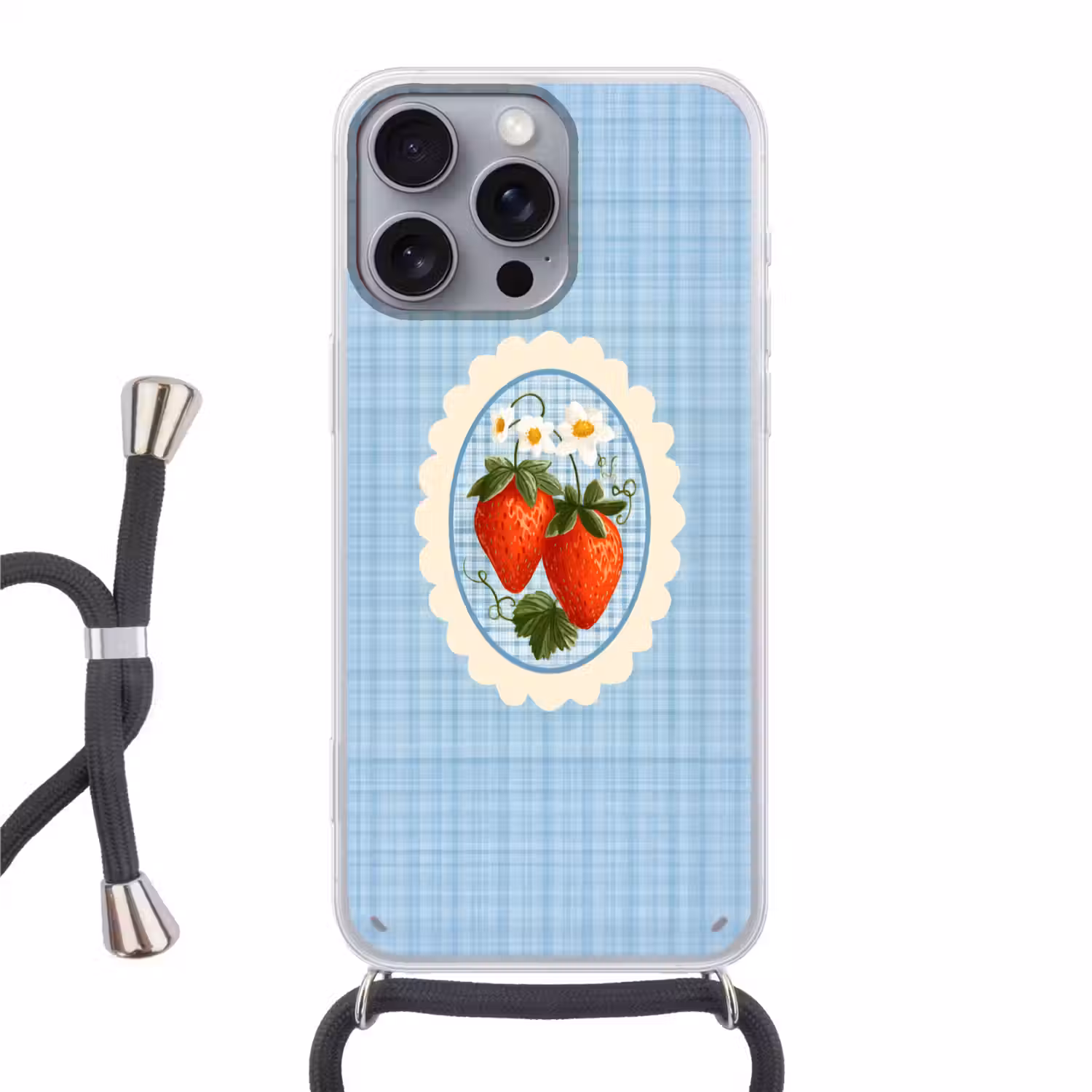 Aardbeien - Lijst - Rood - Geruit Hoesje iPhone 16 Pro Max met koord klein -3d
