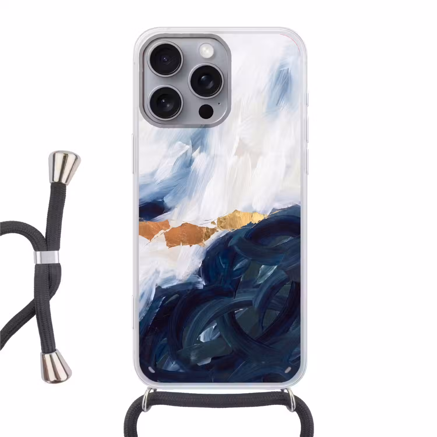 Abstract - Acryl - Blauw - Goud - Elegant Hoesje iPhone 16 Pro Max met koord klein -3d