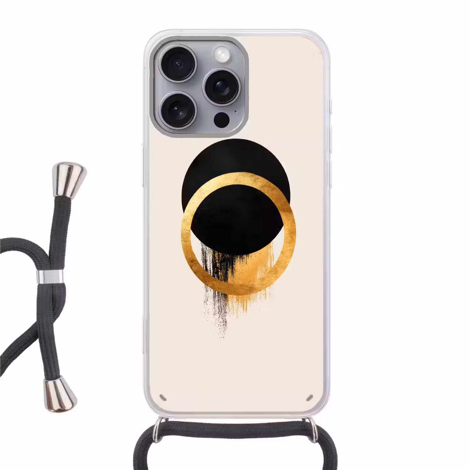 Abstract ontwerp - Zwarte cirkel - Verfvlekken Hoesje iPhone 16 Pro Max met koord klein -3d