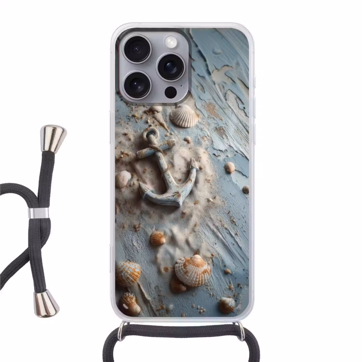 Anker - Hout - Schelpen - Zand Hoesje iPhone 16 Pro Max met koord klein -3d