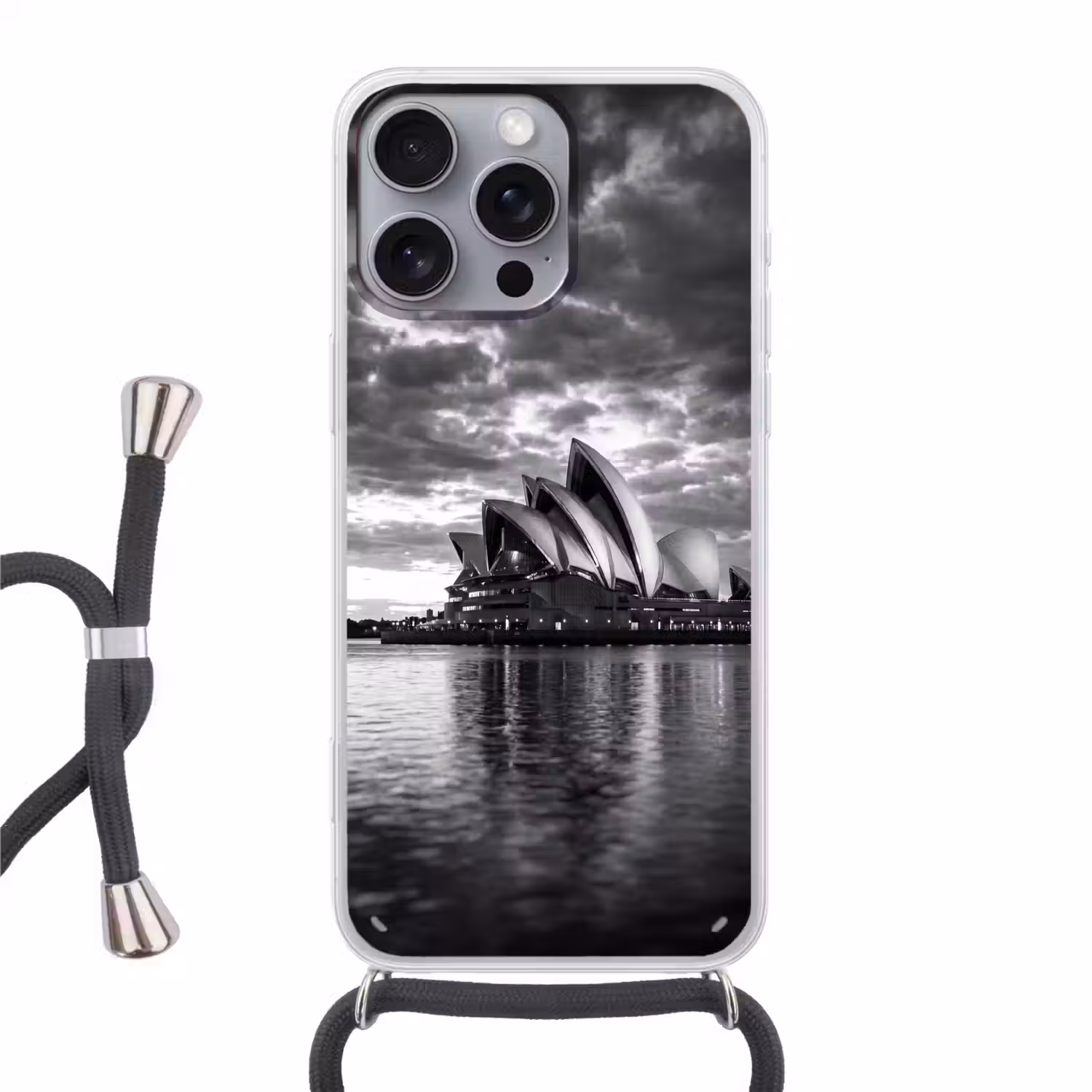 Architectuur - Water - Stad - Modern - Zwart-wit Hoesje iPhone 16 Pro Max met koord klein -3d