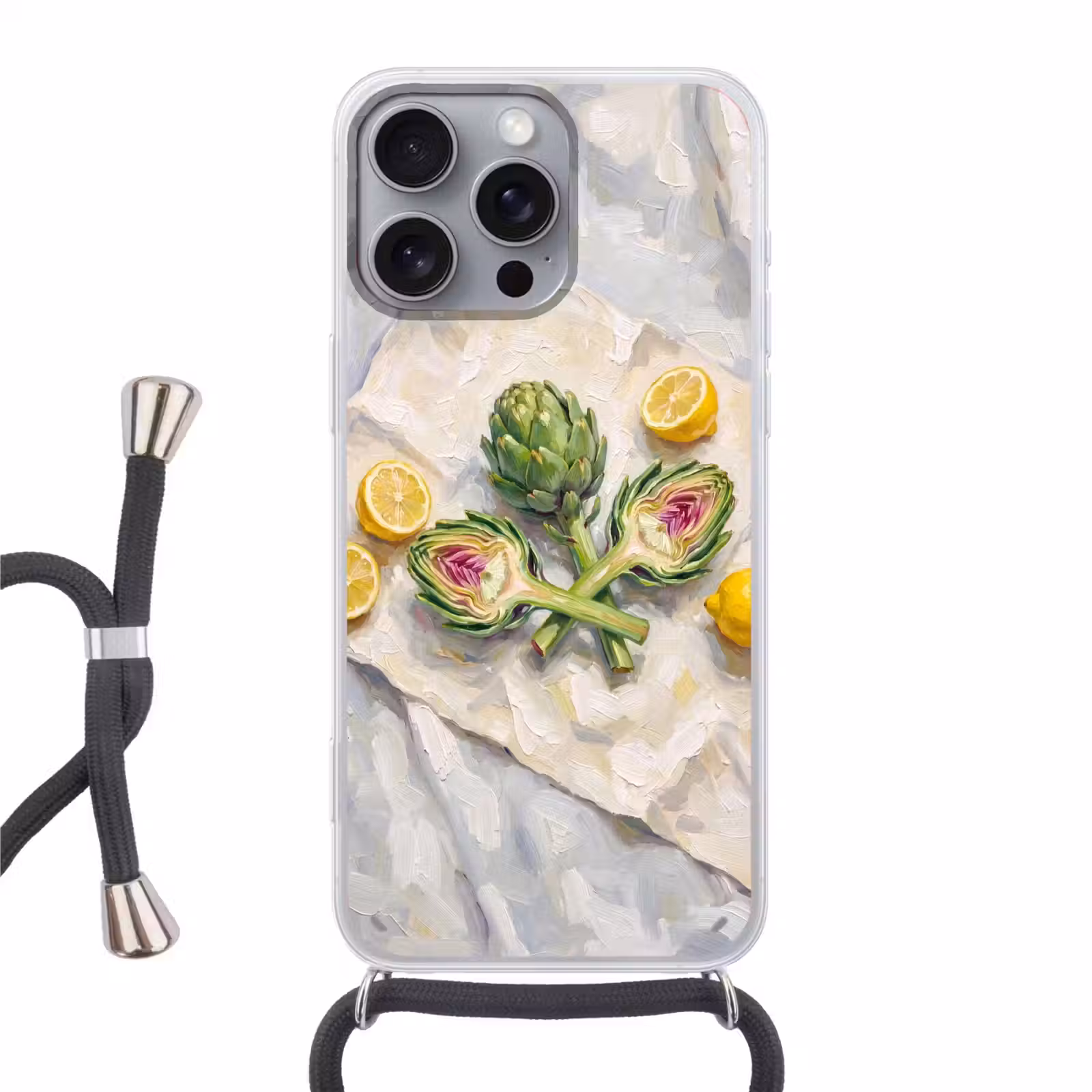 Telefoonhoesje met koord - Artisjok - Citroen - Eten - Artisjok - Citroen - Eten Hoesje iPhone 16 Pro Max met koord klein
