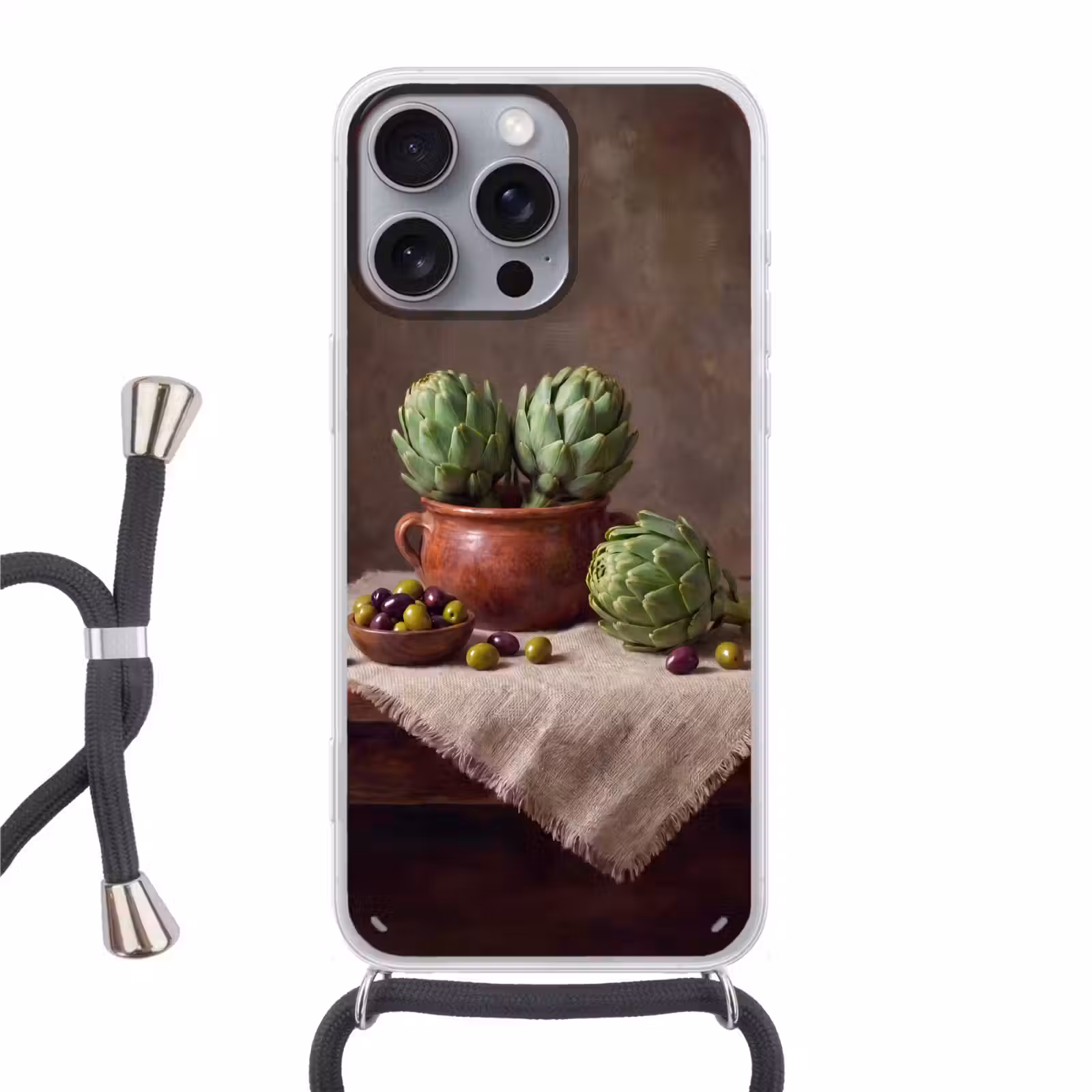 Telefoonhoesje met koord - Artisjokken - Olijven - Eten - Artisjokken - Olijven - Eten Hoesje iPhone 16 Pro Max met koord klein