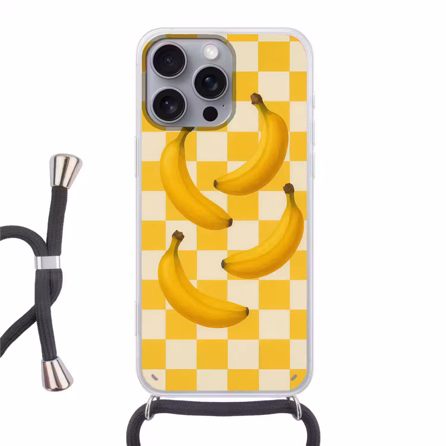 Bananen - Geel - Geblokt Hoesje iPhone 16 Pro Max met koord klein -3d