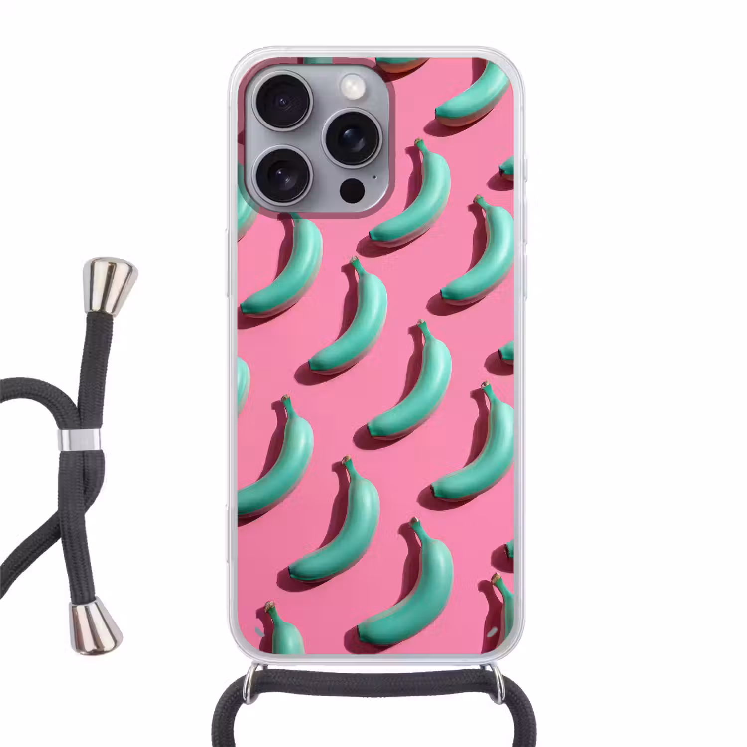 Bananen - Patroon - Blauw - Roze Hoesje iPhone 16 Pro Max met koord klein -3d