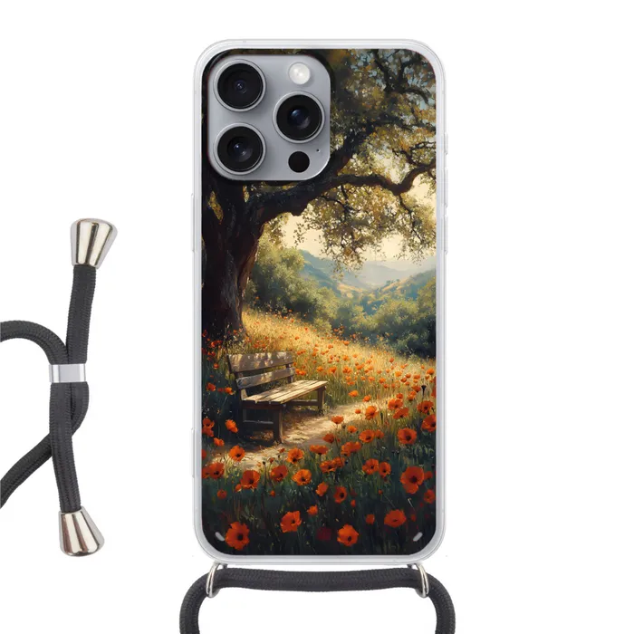 Bankje - Boom - Klaprozen - Heuvels Hoesje iPhone 16 Pro Max met koord klein -3d