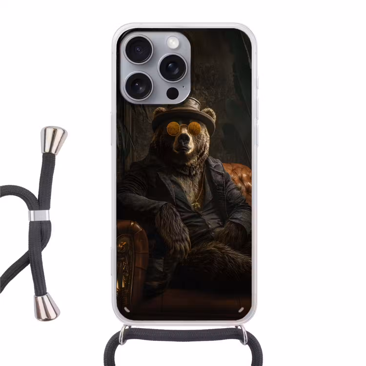 Beer - Bruin - Pak - Hoed Hoesje iPhone 16 Pro Max met koord klein -3d
