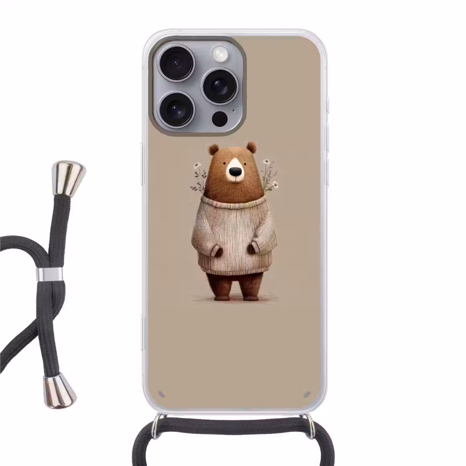 Beer - Witte bloemen - Knus Hoesje iPhone 16 Pro Max met koord klein -3d