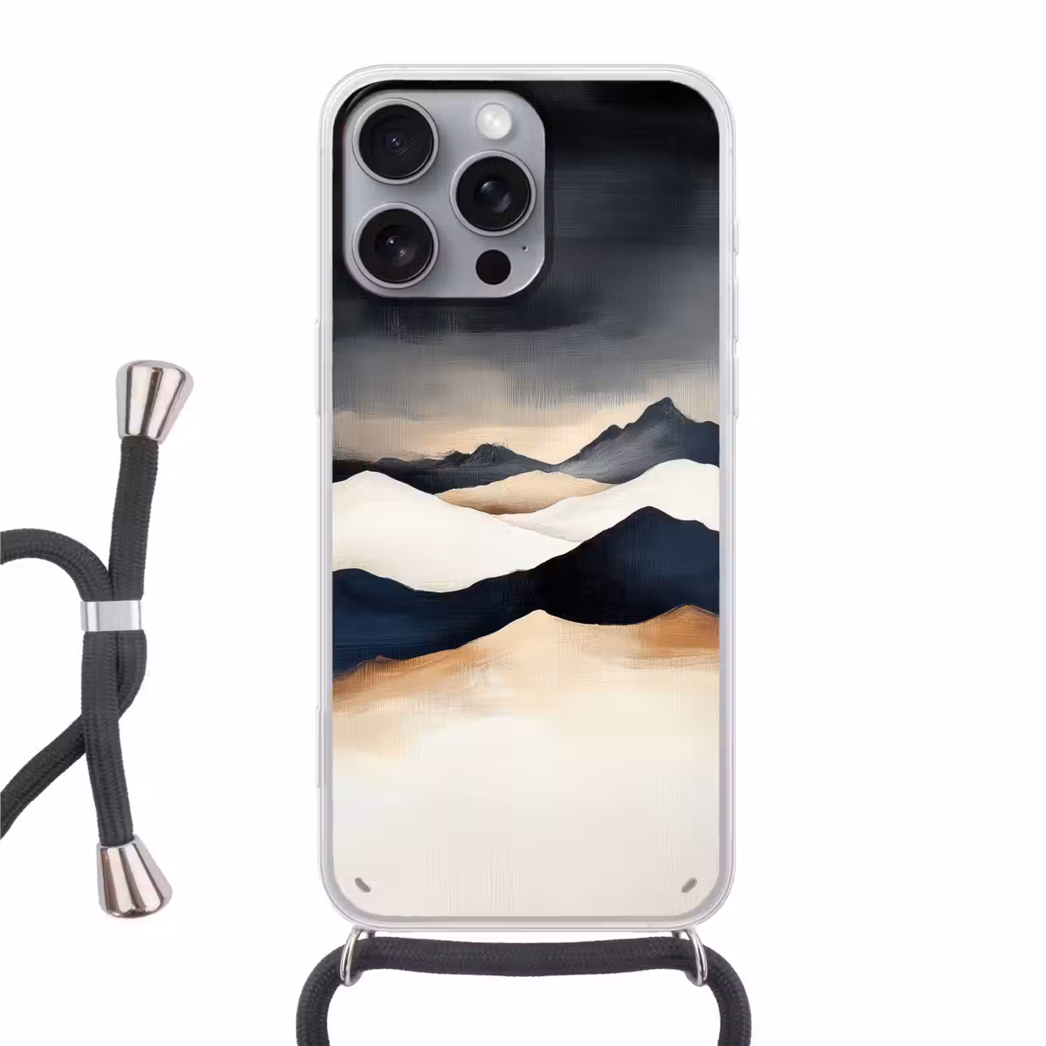 Bergen - Donkerblauw - Landschap Hoesje iPhone 16 Pro Max met koord klein -3d