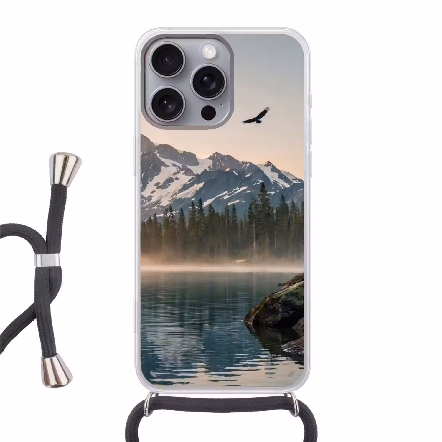 Bergen - Water - Bomen Hoesje iPhone 16 Pro Max met koord klein -3d