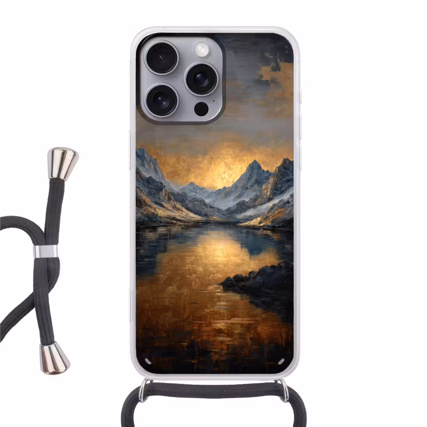 Berglandschap met Gouden Zonsondergang Hoesje iPhone 16 Pro Max met koord klein -3d