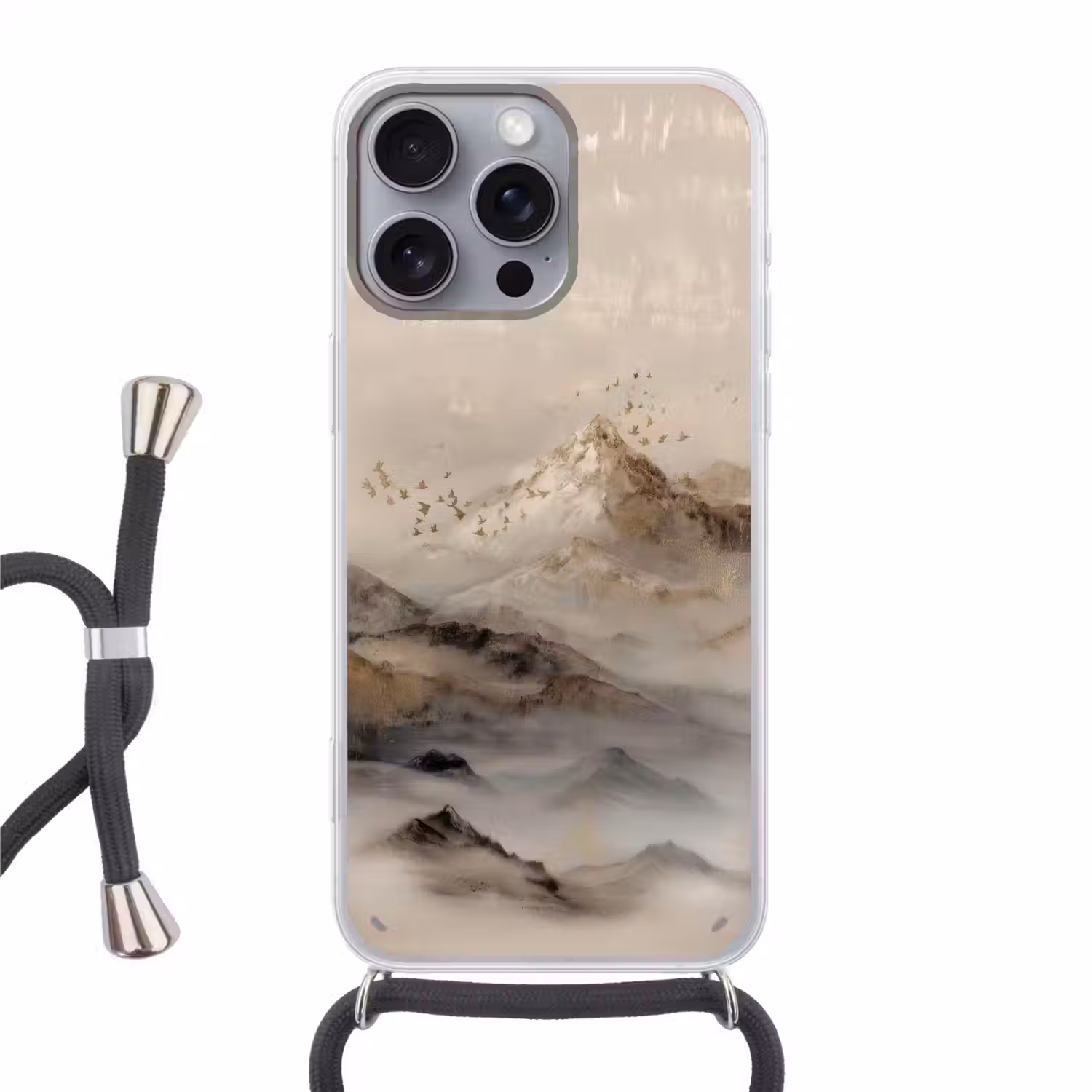 Berglandschap - Mist - Penseelstreken Hoesje iPhone 16 Pro Max met koord klein -3d