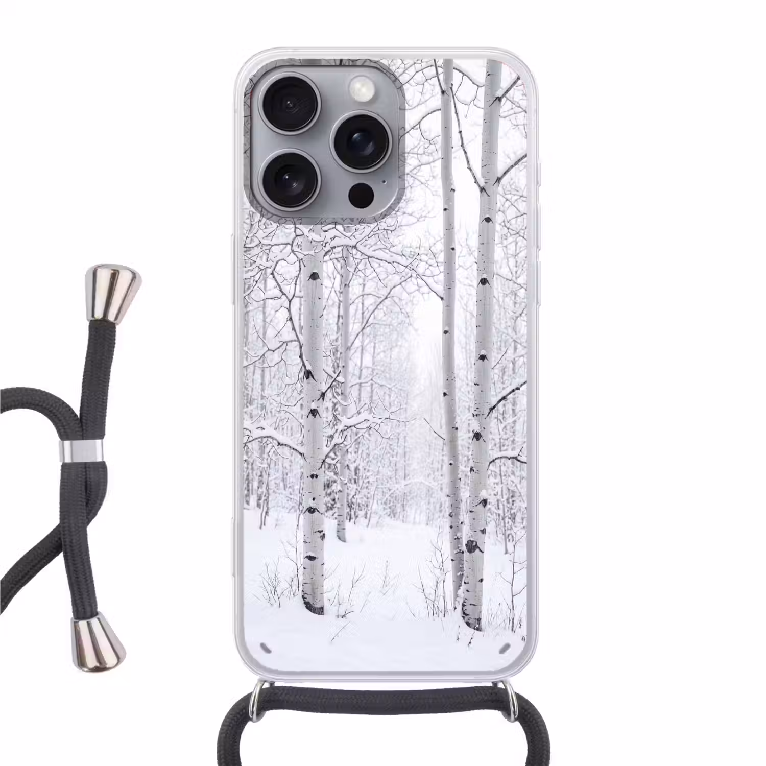 Berkenbomen - Sneeuw - Winter - Bos - Wit Hoesje iPhone 16 Pro Max met koord klein -3d