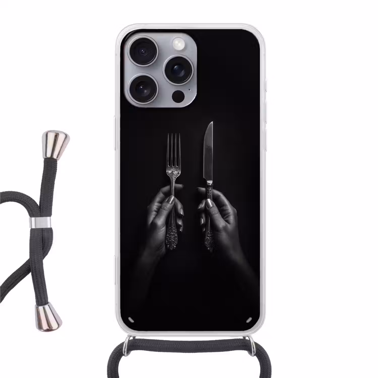 Bestek - Zwart - Wit Hoesje iPhone 16 Pro Max met koord klein -3d