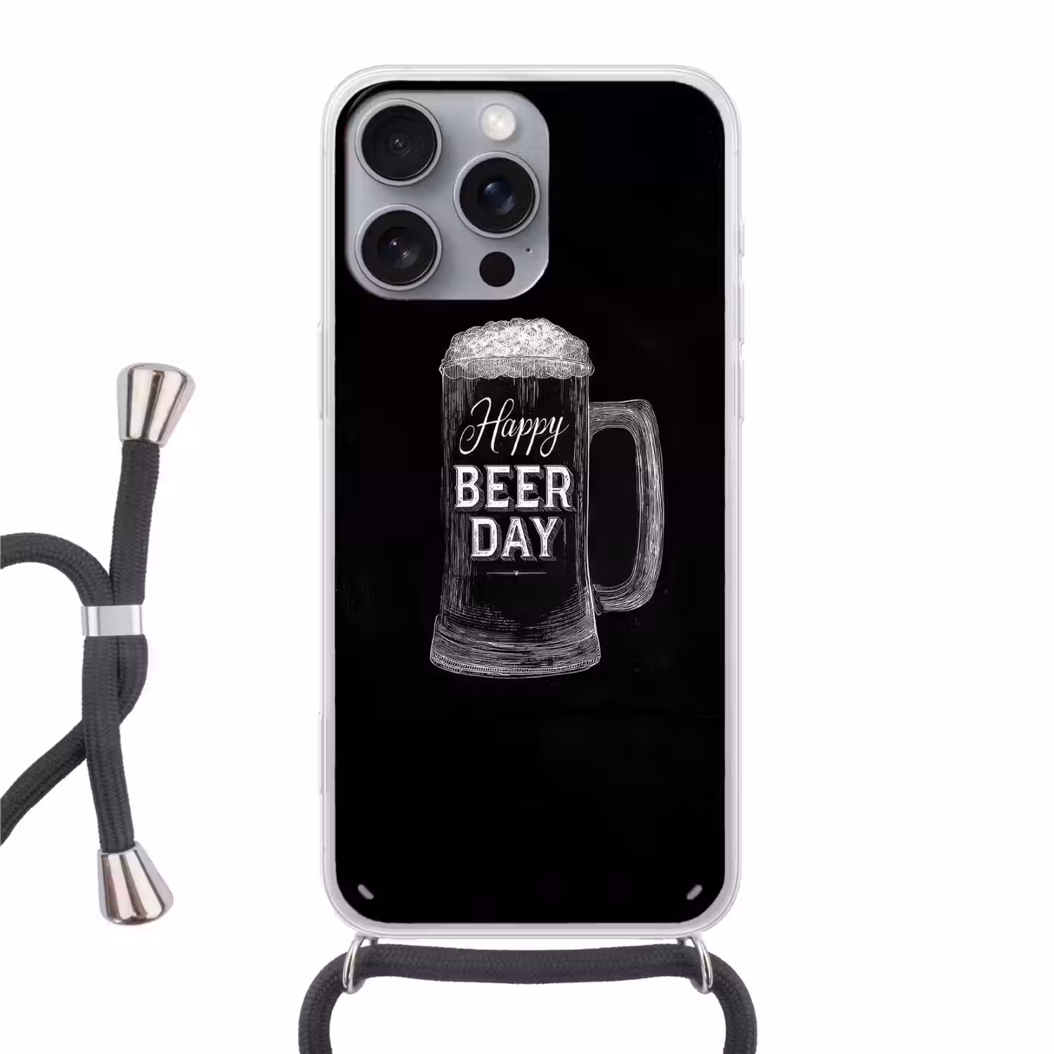 Bierpul - Witte krijtletters - Happy beer day Hoesje iPhone 16 Pro Max met koord klein -3d