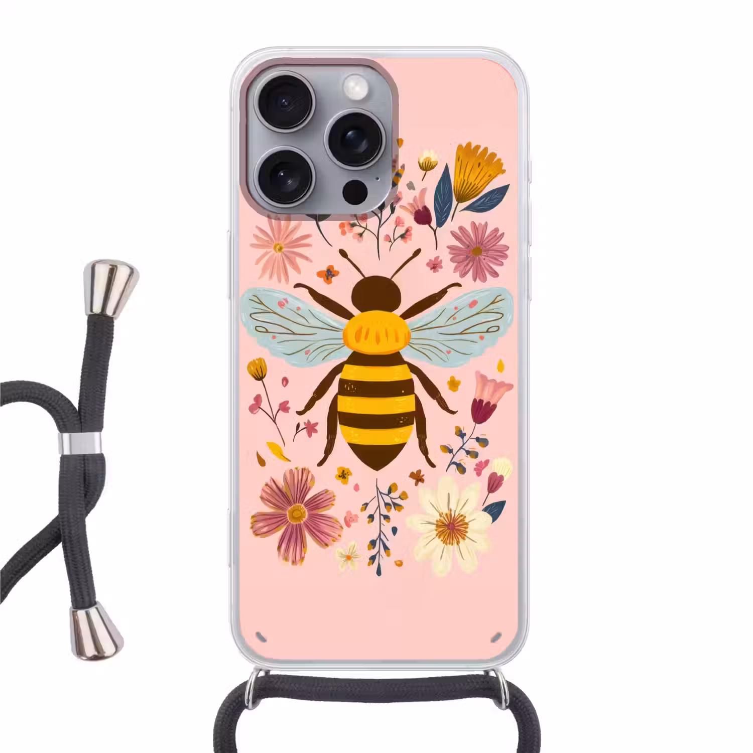 Bij - Geel - Bloemen - Kleurrijk Hoesje iPhone 16 Pro Max met koord klein -3d