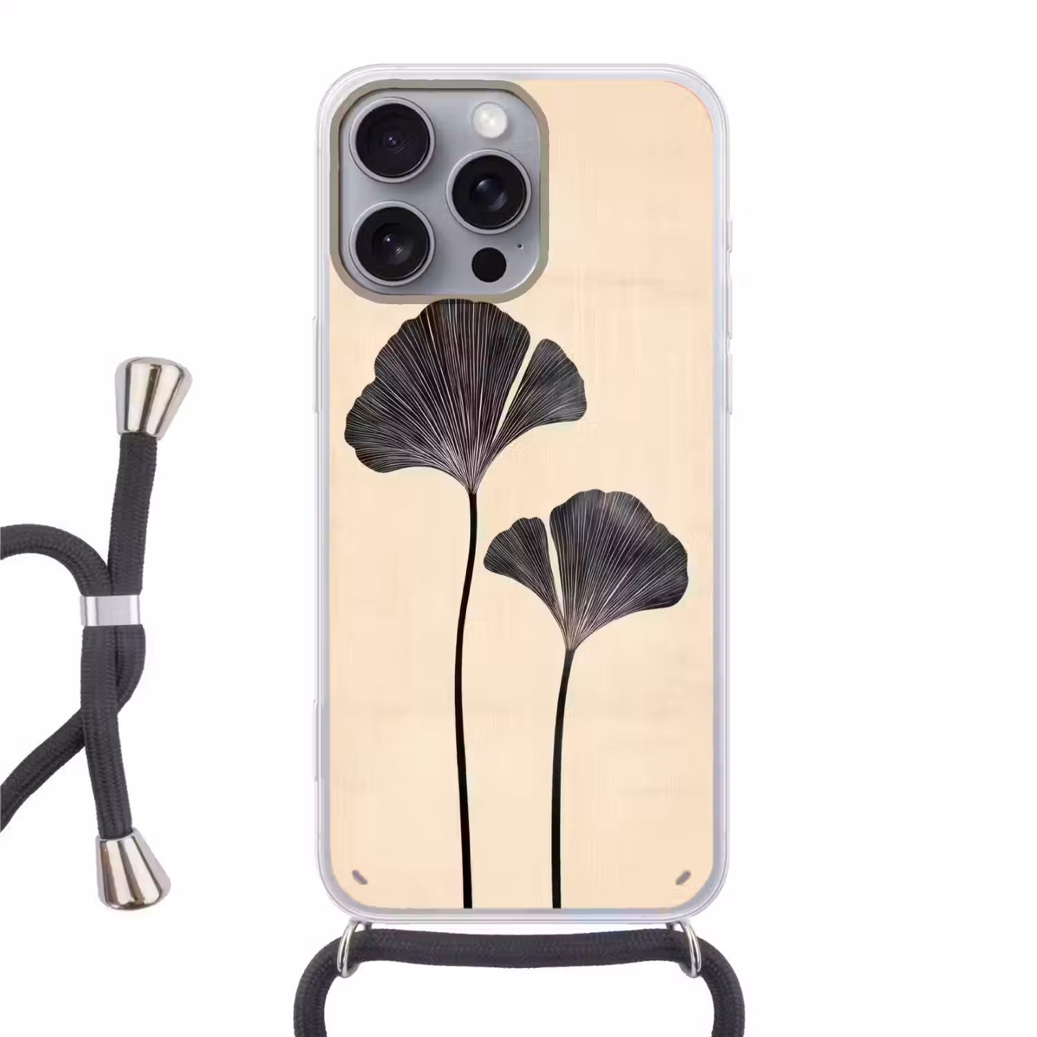 Bladeren - Minimalistisch - Zwart Hoesje iPhone 16 Pro Max met koord klein -3d