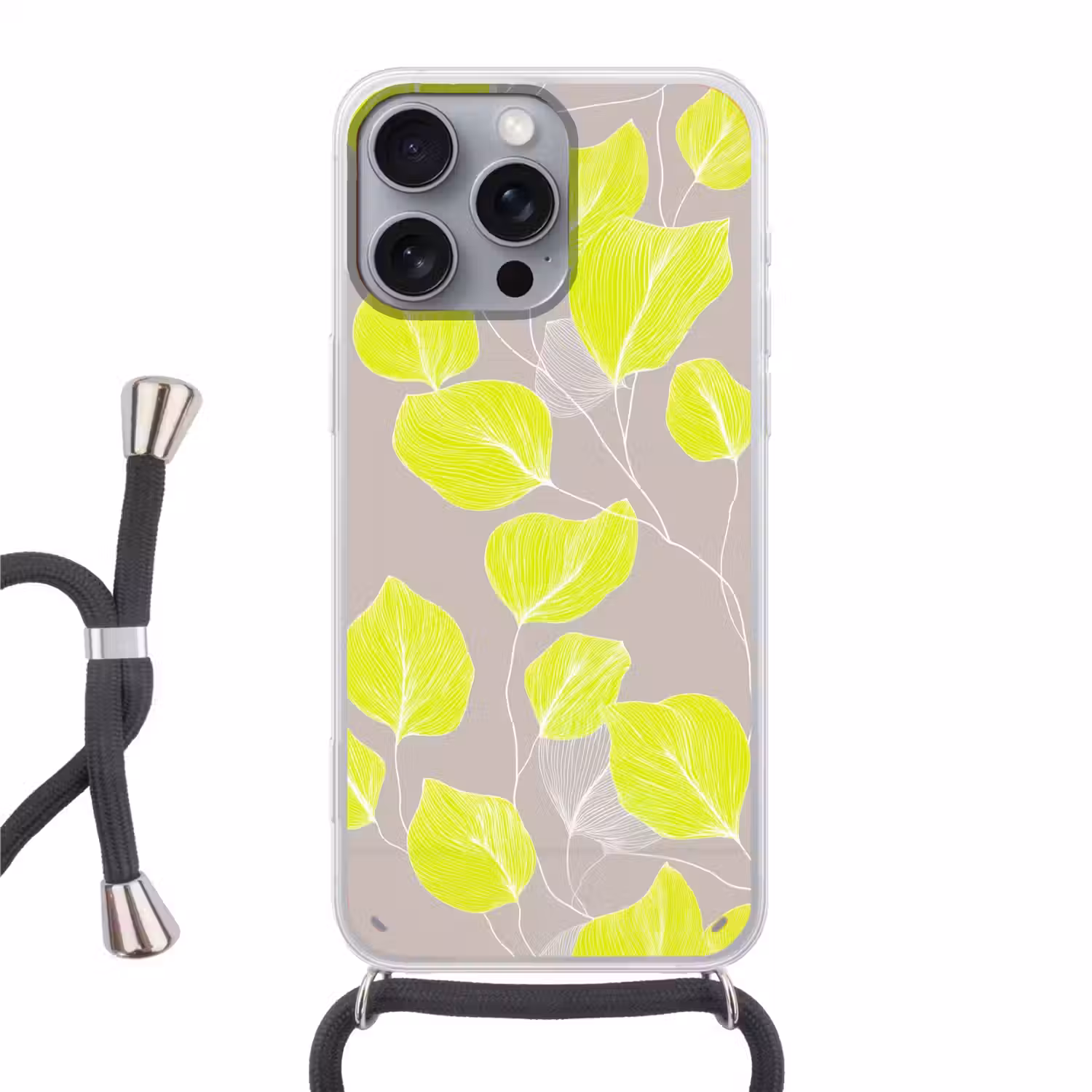 Bladeren - Neon - Geel - Lijnen Hoesje iPhone 16 Pro Max met koord klein -3d