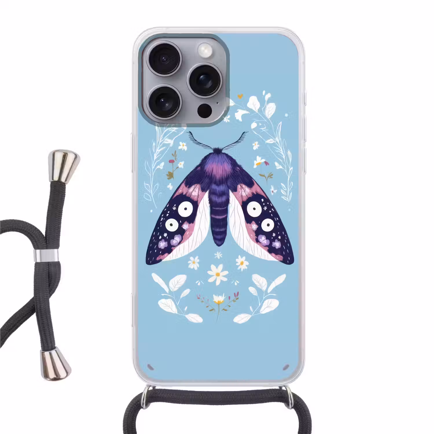Bladeren - Wit - Vlinder - Insect Hoesje iPhone 16 Pro Max met koord klein -3d