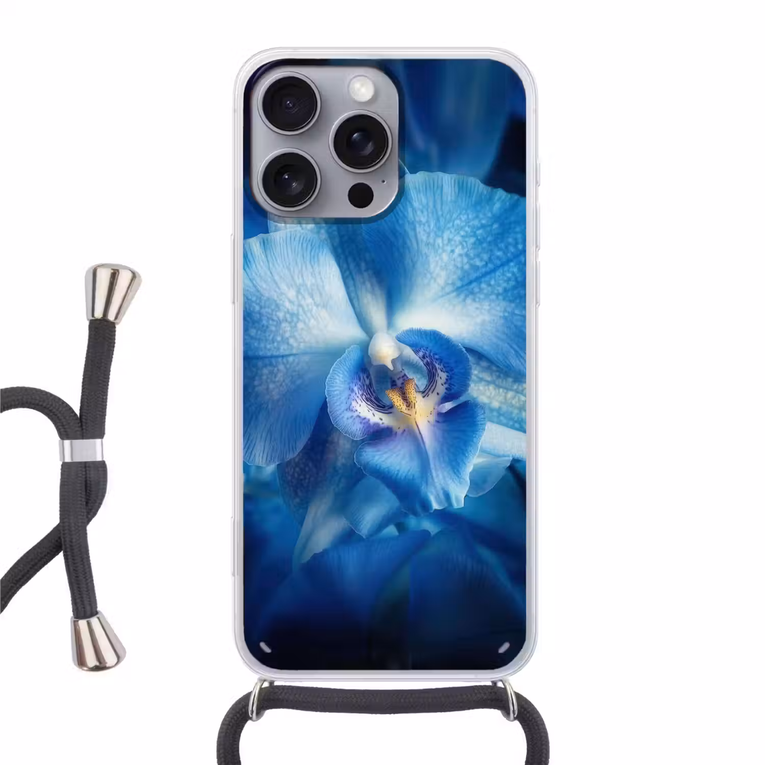 Blauw - Orchidee - Elegeant Hoesje iPhone 16 Pro Max met koord klein -3d