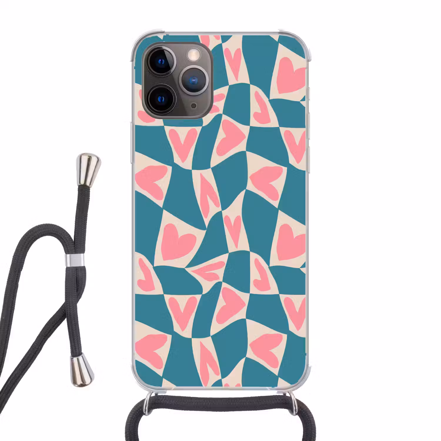 Blauw - Vlakken - Patroon - Hartjes Hoesje iPhone 12 Pro met koord klein 509 -3d