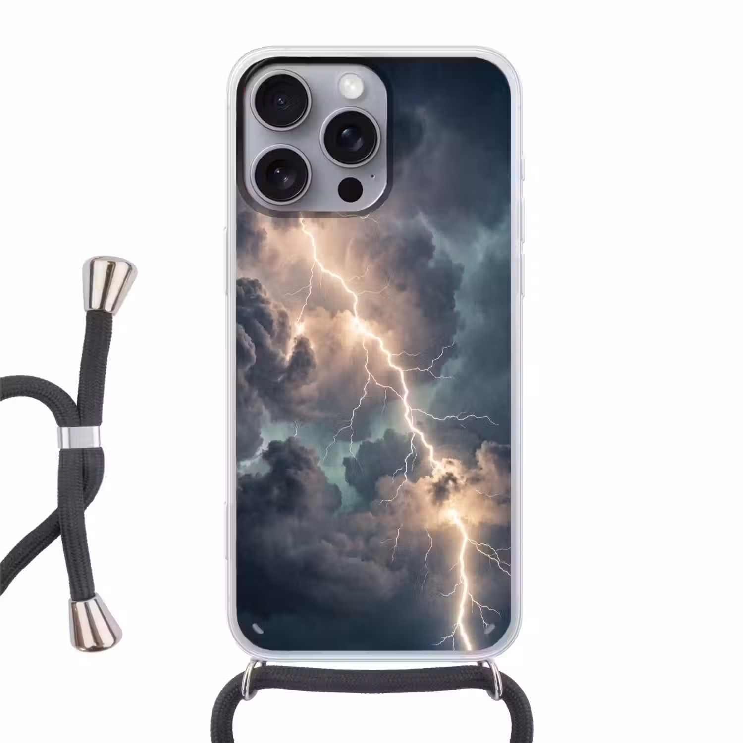 Bliksem - Storm - Natuur - Donker Hoesje iPhone 16 Pro Max met koord klein -3d