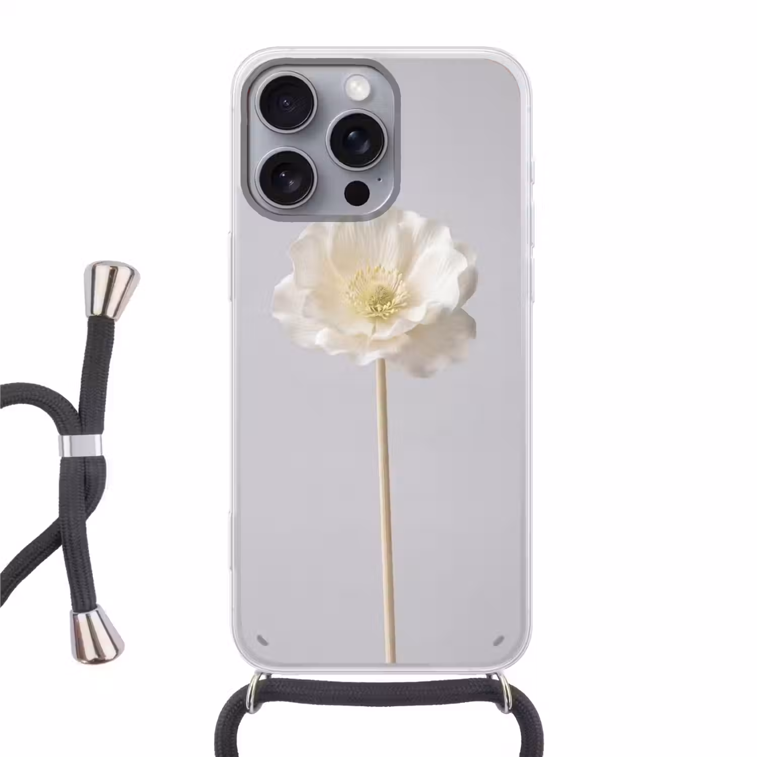 Bloem - Minimalistisch -Wit Hoesje iPhone 16 Pro Max met koord klein -3d