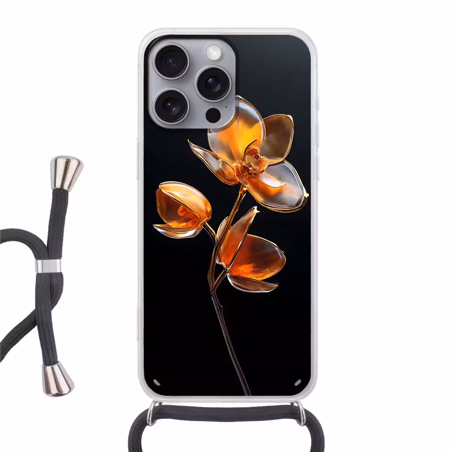 Bloem - Orchidee - Oranje Hoesje iPhone 16 Pro Max met koord klein -3d