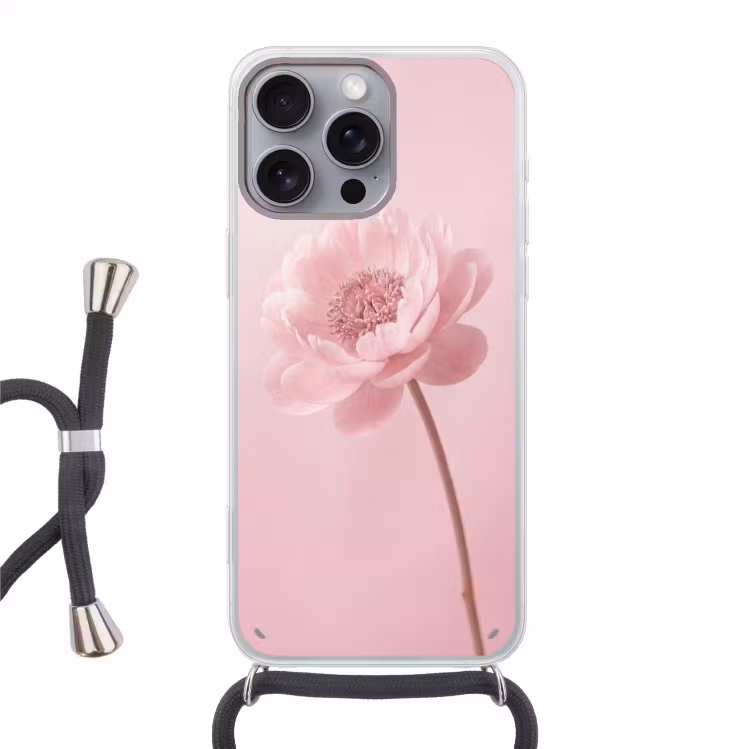 Bloem - Pioenroos - Roze Hoesje iPhone 16 Pro Max met koord klein -3d