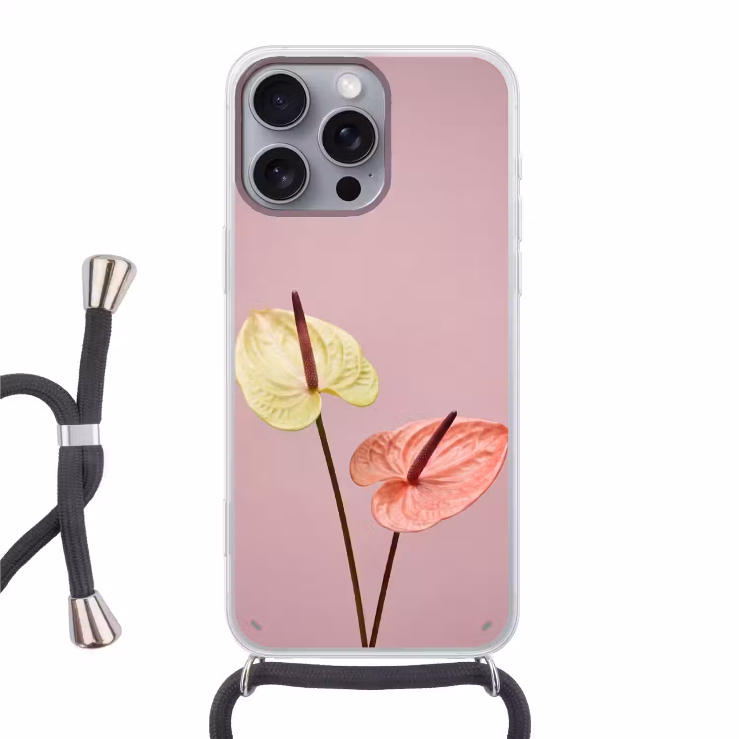 Bloemen - Anthuriums - Geel - Roze Hoesje iPhone 16 Pro Max met koord klein -3d