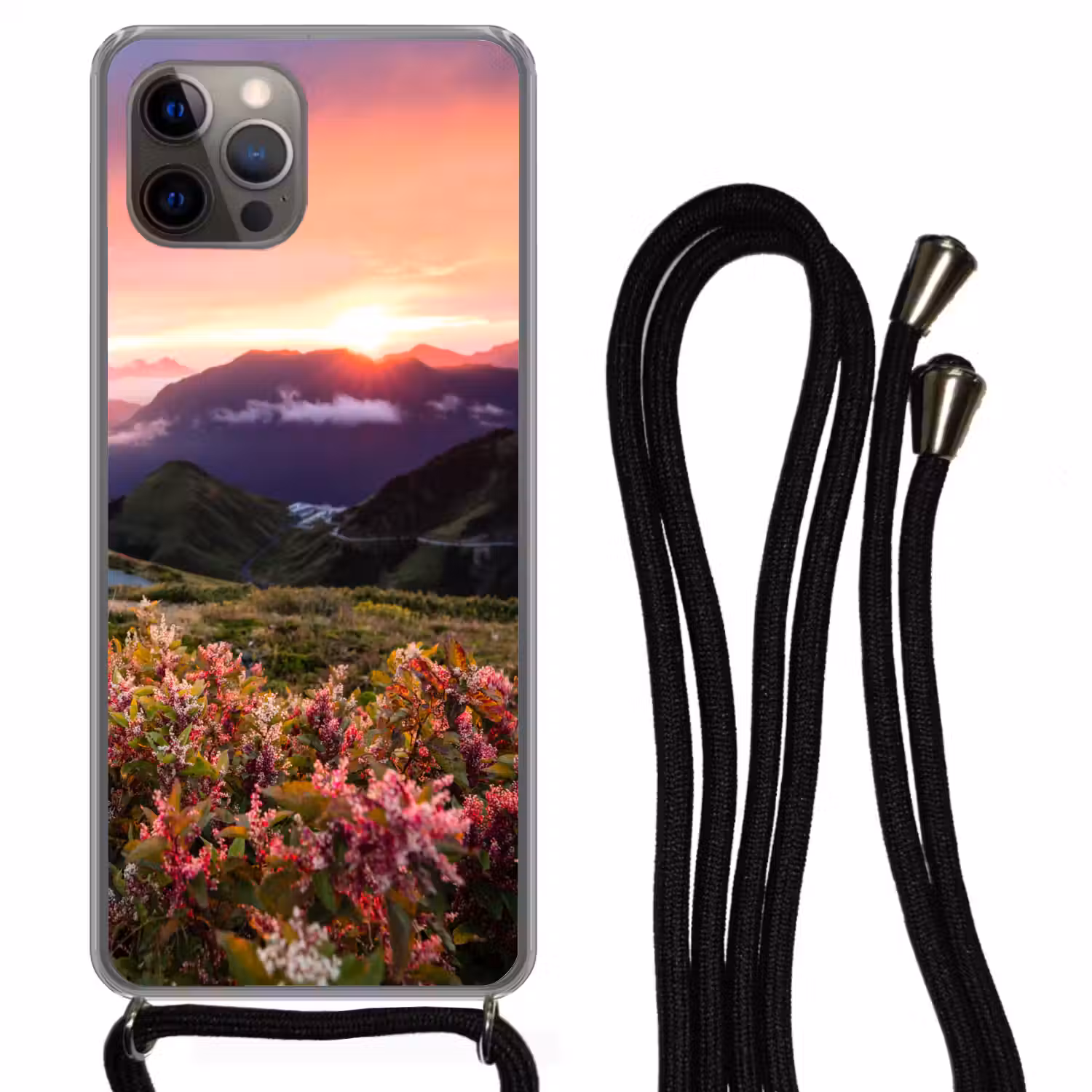 Bergen - Kleuren - Bloemen Hoesje iPhone 12 Pro met koord klein -3d