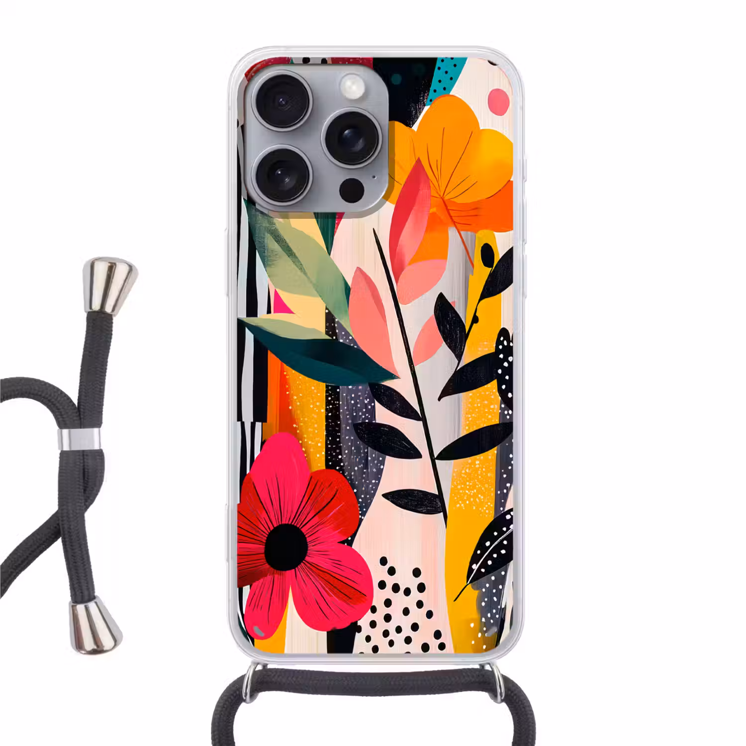 Bloemen - Bladeren - Abstract - Kleurrijk Hoesje iPhone 16 Pro Max met koord klein -3d