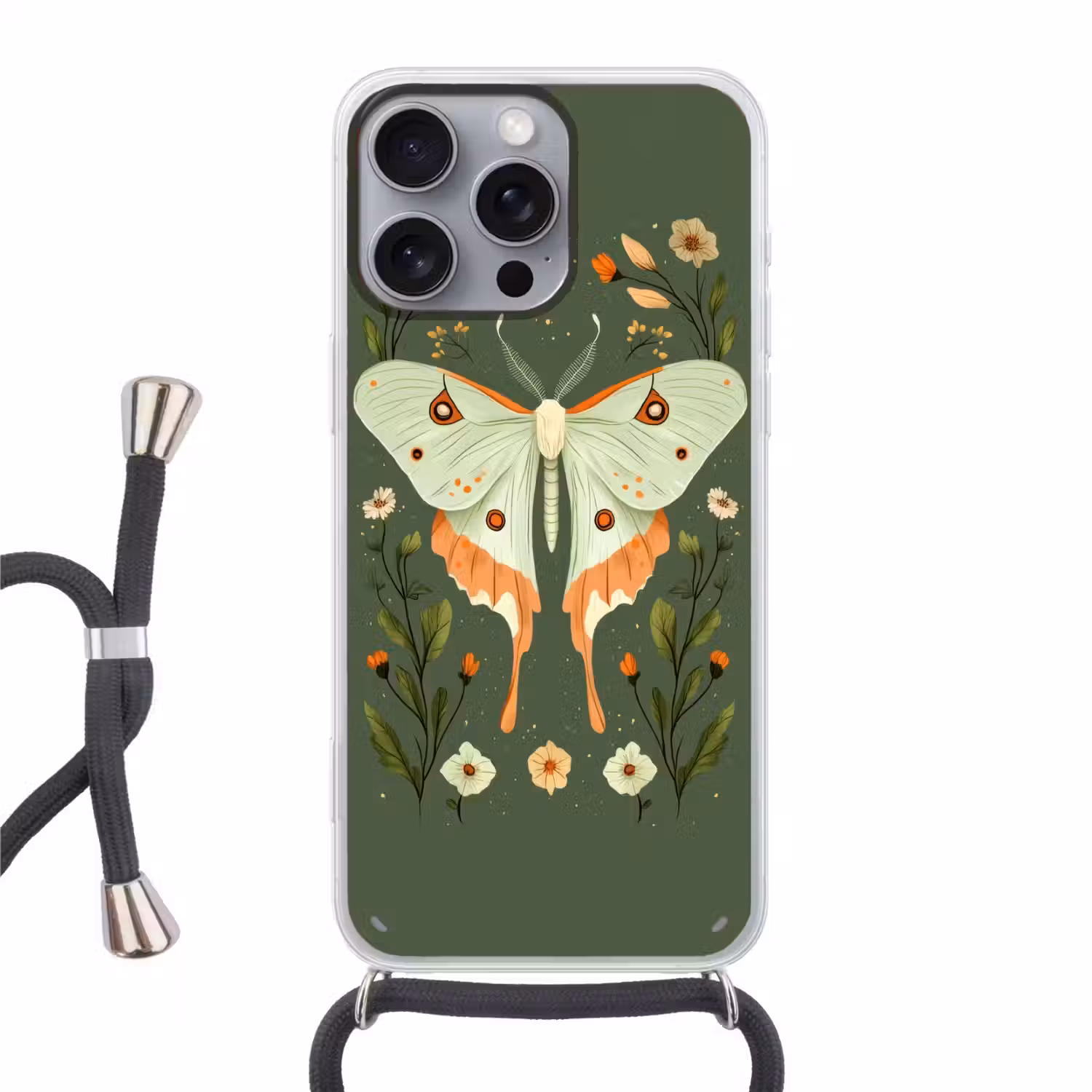 Bloemen - Bladeren - Olijfgroen - Vlinder Hoesje iPhone 16 Pro Max met koord klein -3d