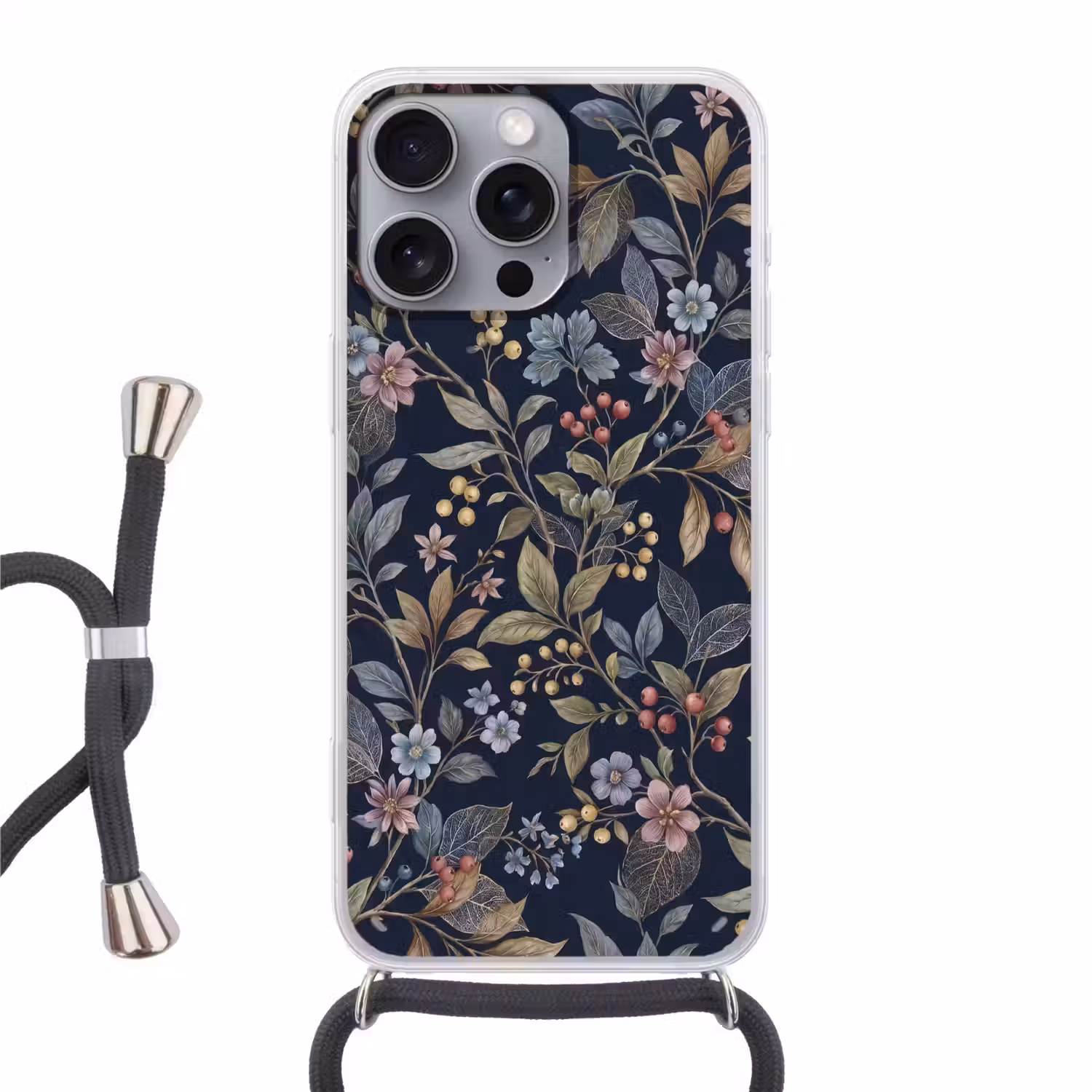 Bloemen - Bladeren - Patroon - Botanisch - Donkerblauw Hoesje iPhone 16 Pro Max met koord klein -3d